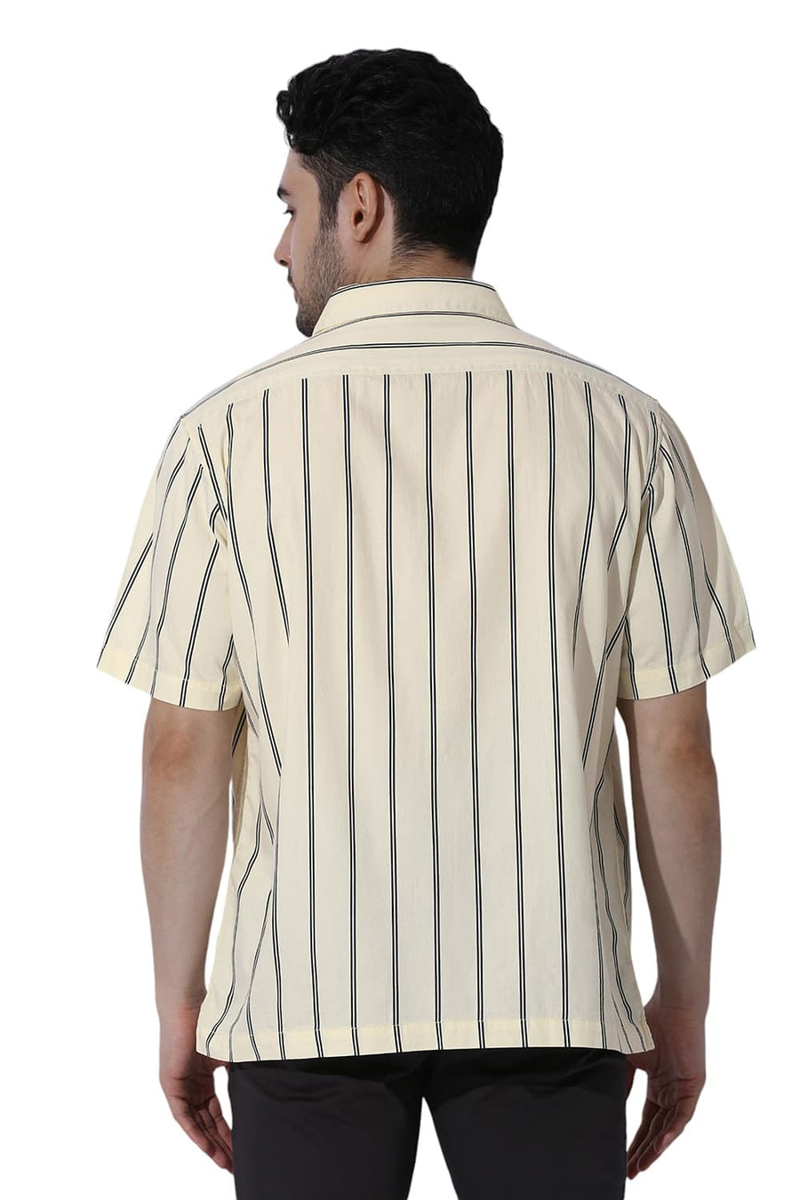 BASICS RELAXED FIT CORN YELLOW COTTON TWILL STRIPE HALFSLEEVES SHIRT