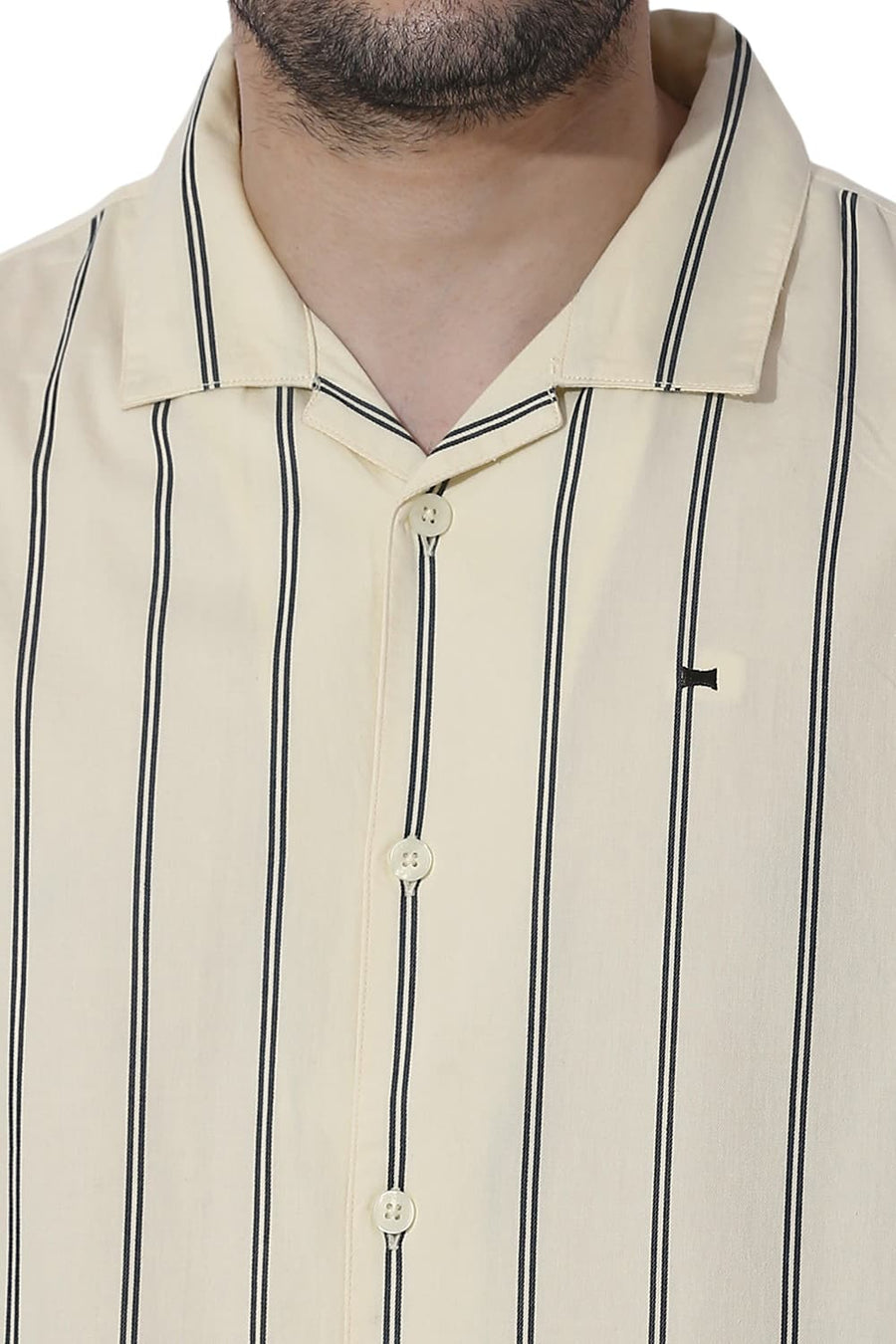 BASICS RELAXED FIT CORN YELLOW COTTON TWILL STRIPE HALFSLEEVES SHIRT