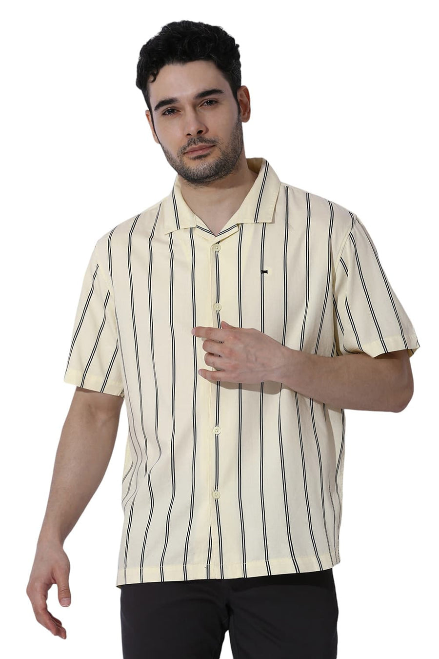 BASICS RELAXED FIT CORN YELLOW COTTON TWILL STRIPE HALFSLEEVES SHIRT