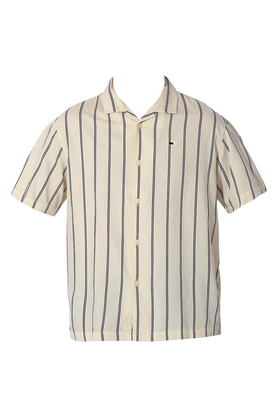 BASICS RELAXED FIT CORN YELLOW COTTON TWILL STRIPE HALFSLEEVES SHIRT
