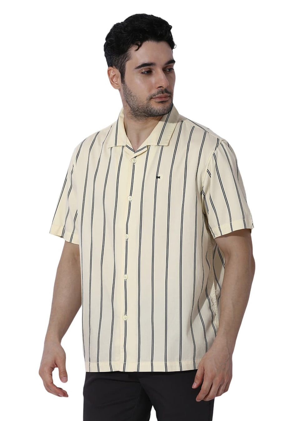 BASICS RELAXED FIT CORN YELLOW COTTON TWILL STRIPE HALFSLEEVES SHIRT