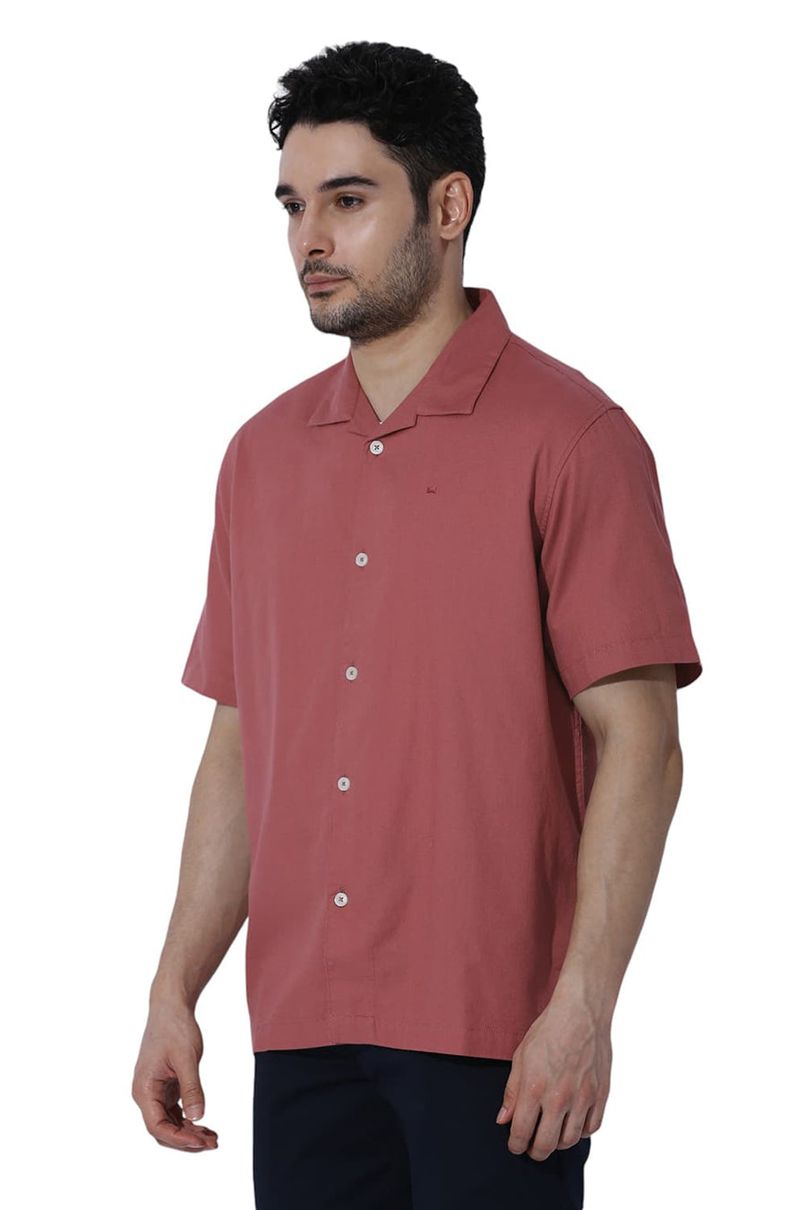 BASICS RELAXED FIT COWHIDE RED COTTON DOBBY HALFSLEEVES SHIRT