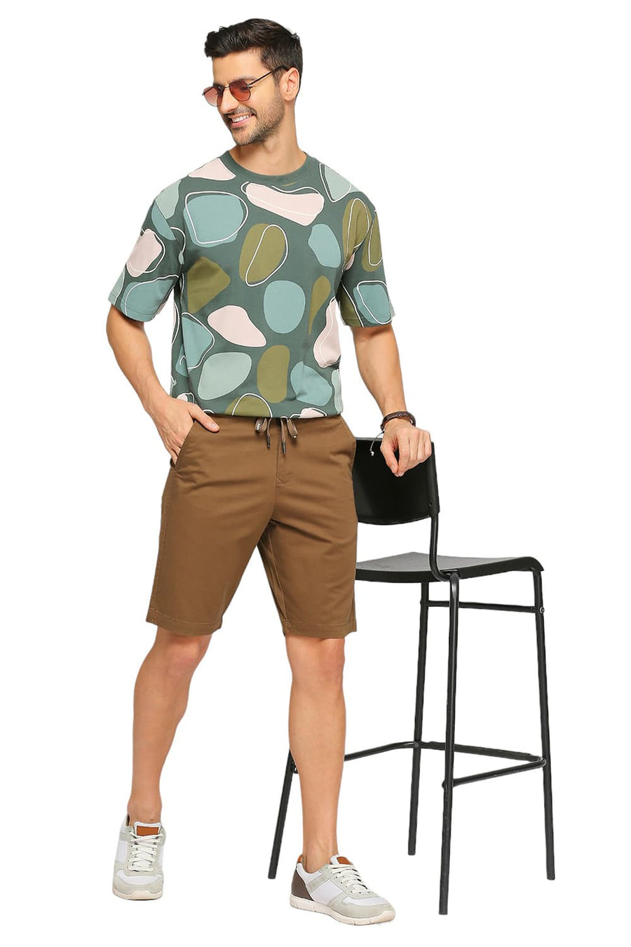 BASICS COMFORT FIT TEAK BROWN COTTON STRETCH DOBBY WOVEN SHORTS