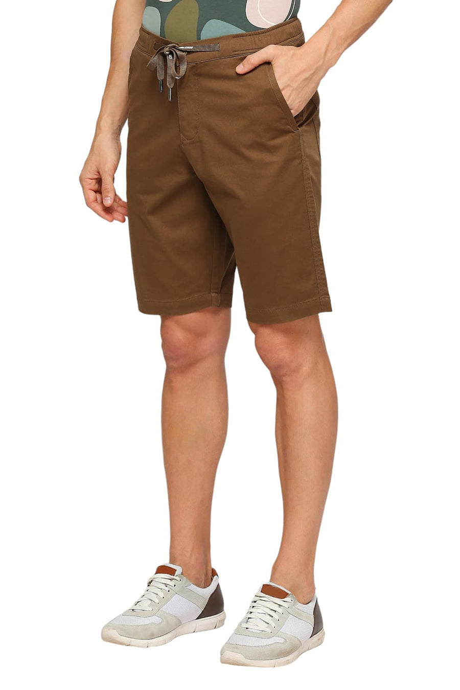 BASICS COMFORT FIT TEAK BROWN COTTON STRETCH DOBBY WOVEN SHORTS