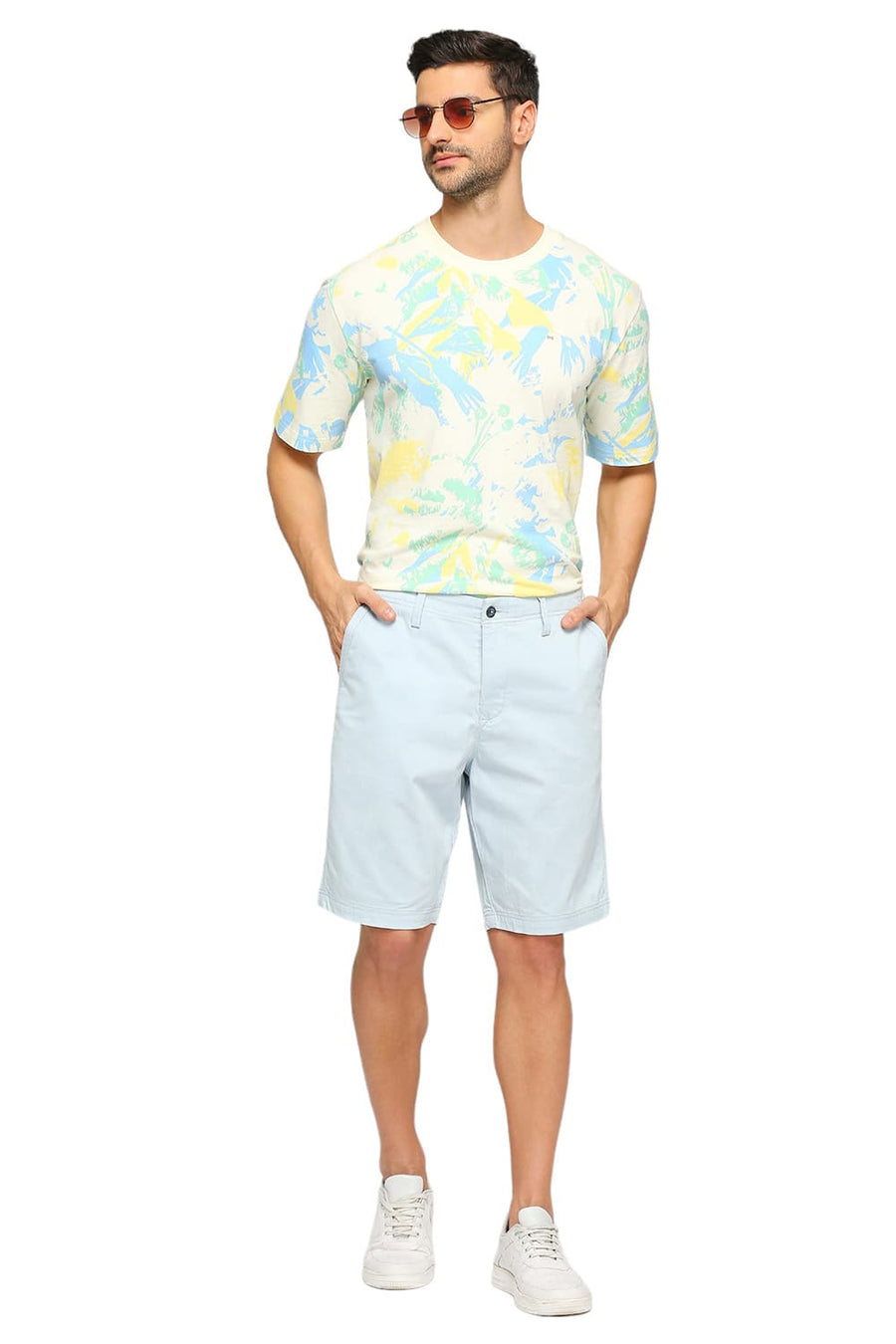 BASICS COMFORT FIT WINTER BLUE COTTON STRETCH DOBBY WOVEN SHORTS