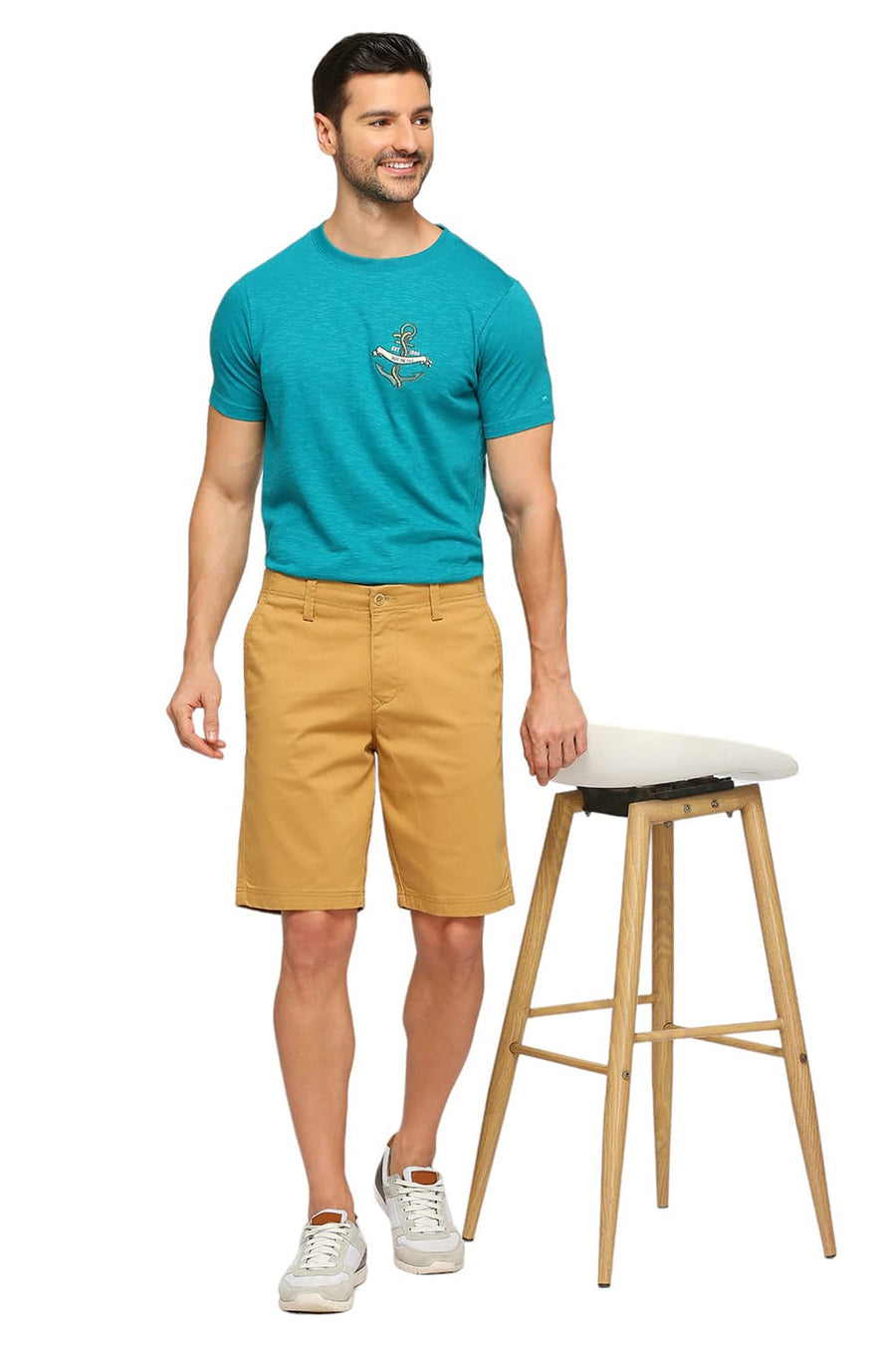 BASICS COMFORT FIT BONE BROWN COTTON STRETCH DOBBY WOVEN SHORTS