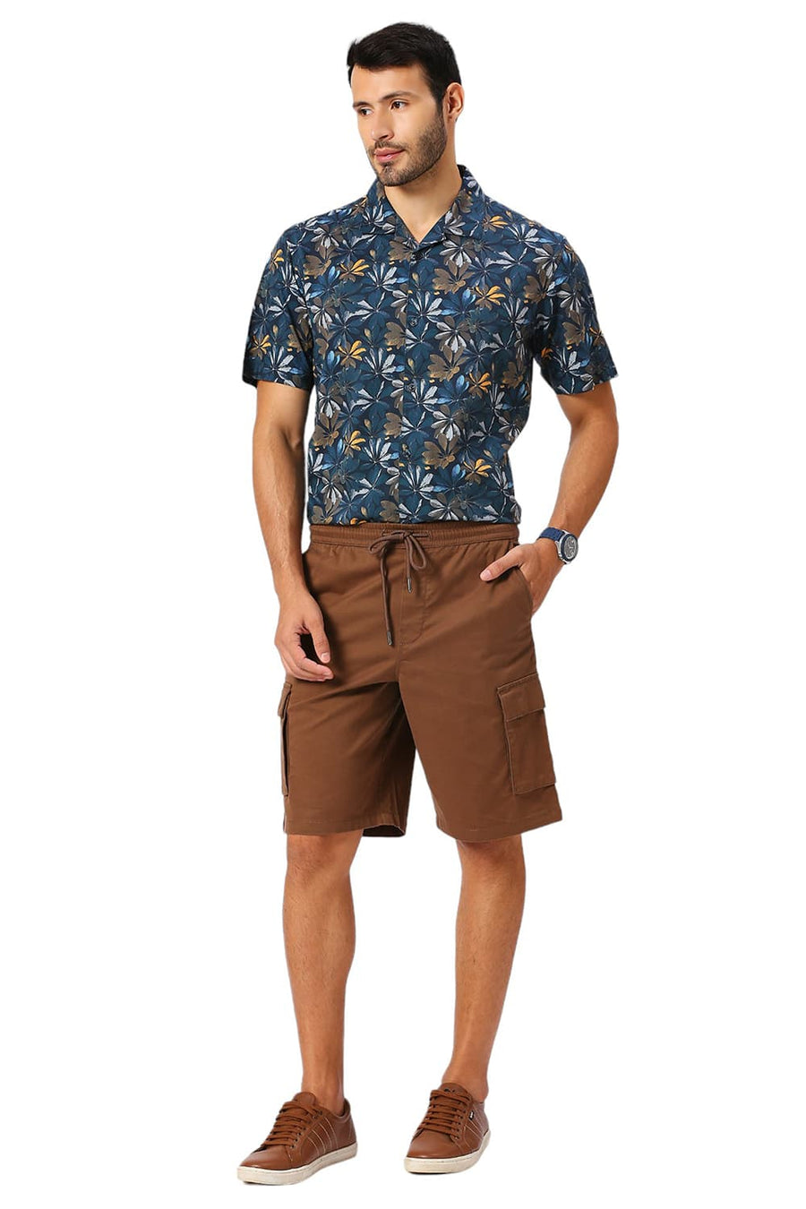 BASICS COMFORT FIT MOCHA BROWN COTTON STRETCH PEACH TWILL WOVEN SHORTS