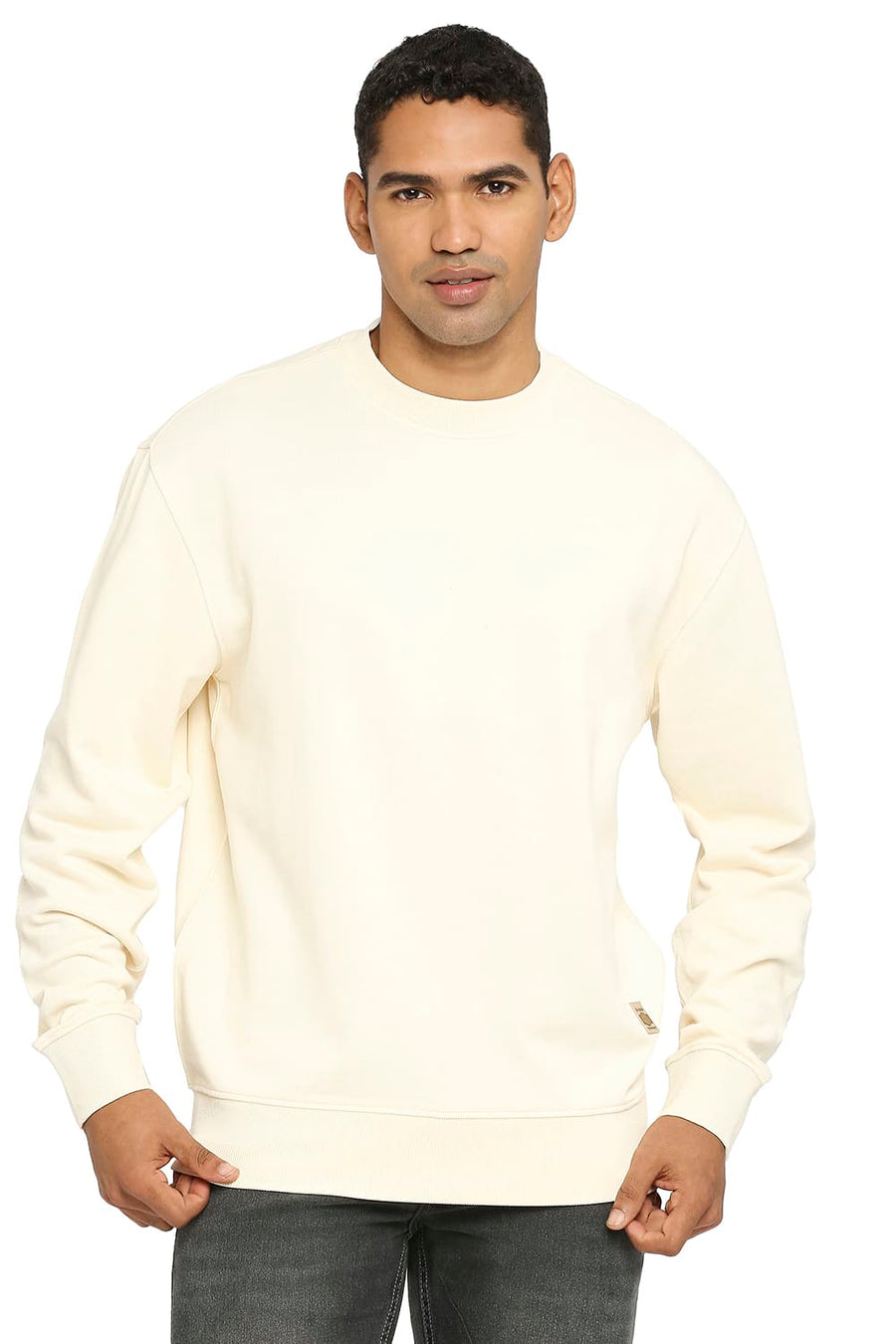 BASICS COMFORT FIT ECRU COTTON NON BRUSHED FLEECE PULLOVER SWEATSHIRT