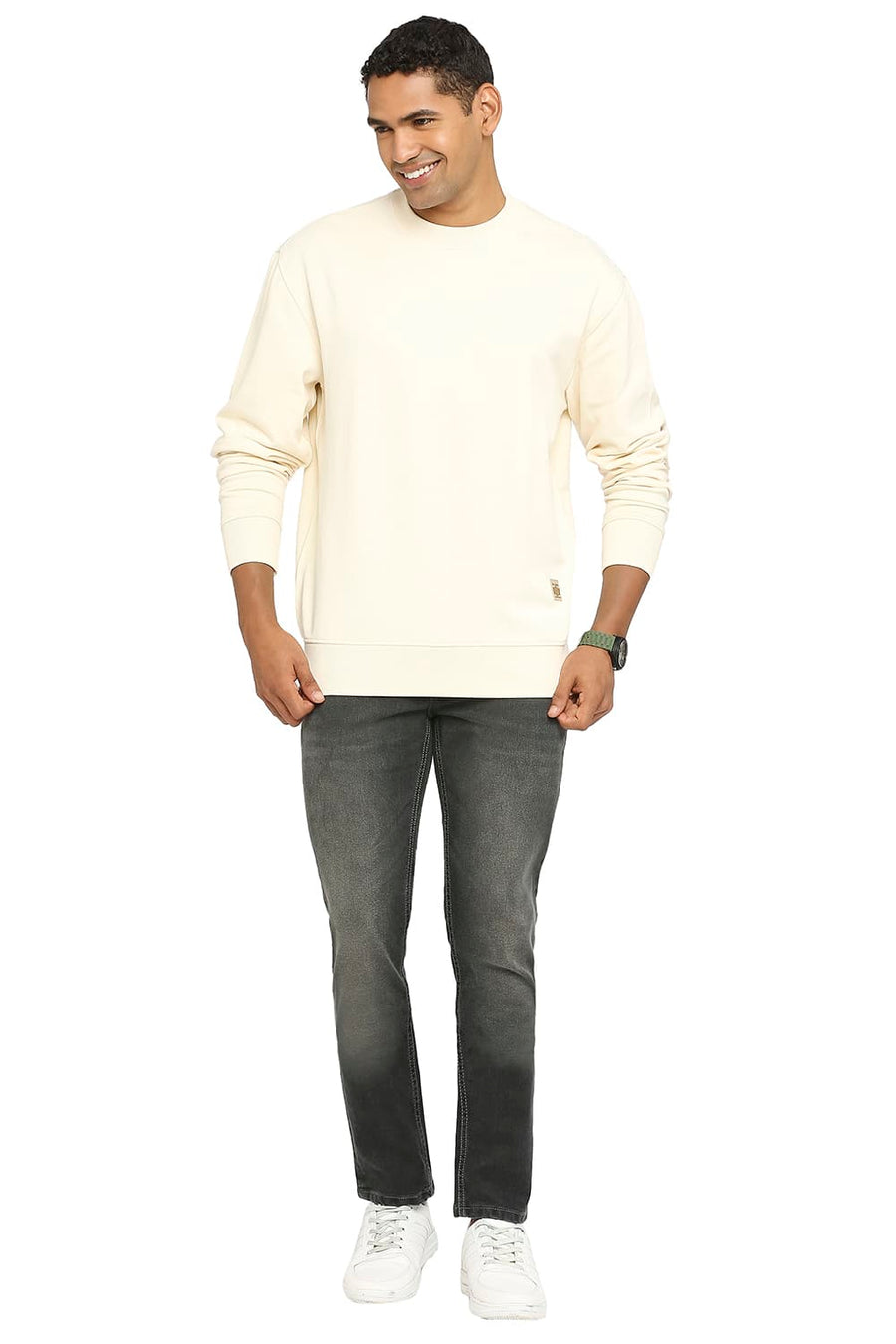 BASICS COMFORT FIT ECRU COTTON NON BRUSHED FLEECE PULLOVER SWEATSHIRT