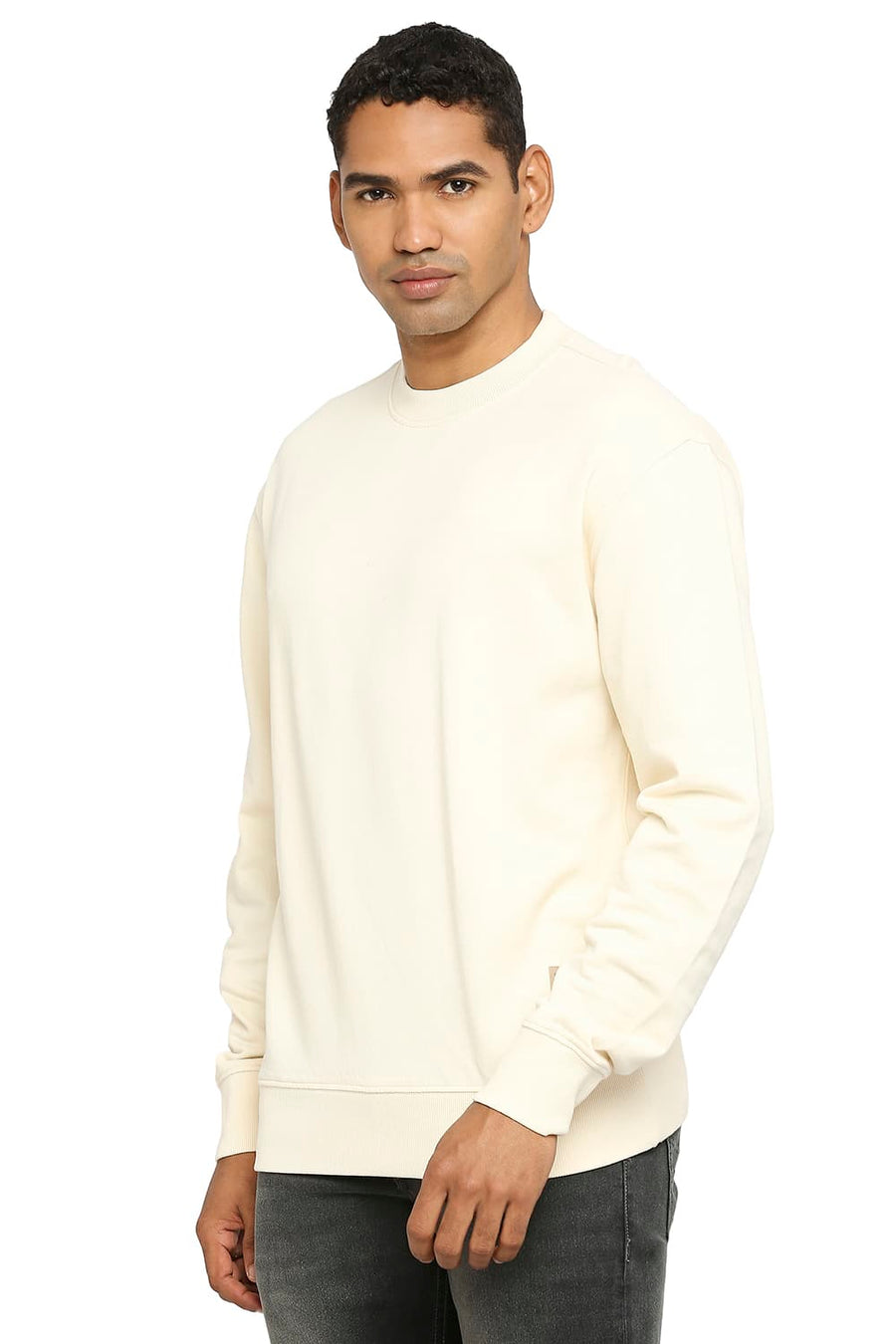 BASICS COMFORT FIT ECRU COTTON NON BRUSHED FLEECE PULLOVER SWEATSHIRT