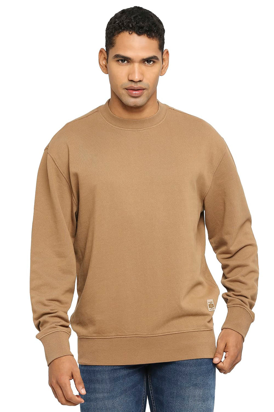 BASICS COMFORT FIT BROWN COTTON NON BRUSHED FLEECE PULLOVER SWEATSHIRT