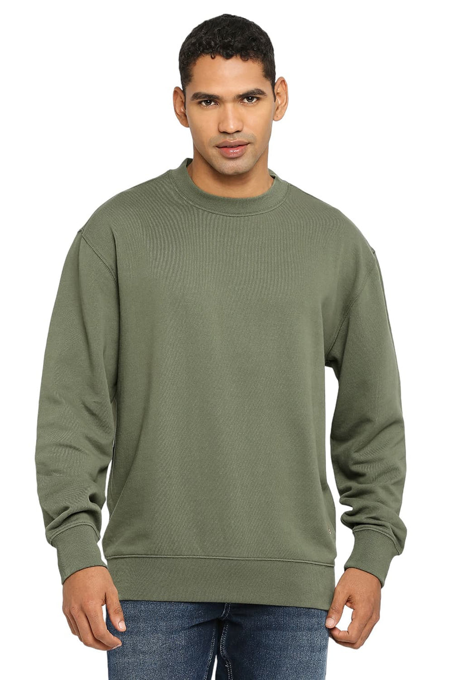 BASICS COMFORT FIT GREEN COTTON NON BRUSHED FLEECE PULLOVER SWEATSHIRT