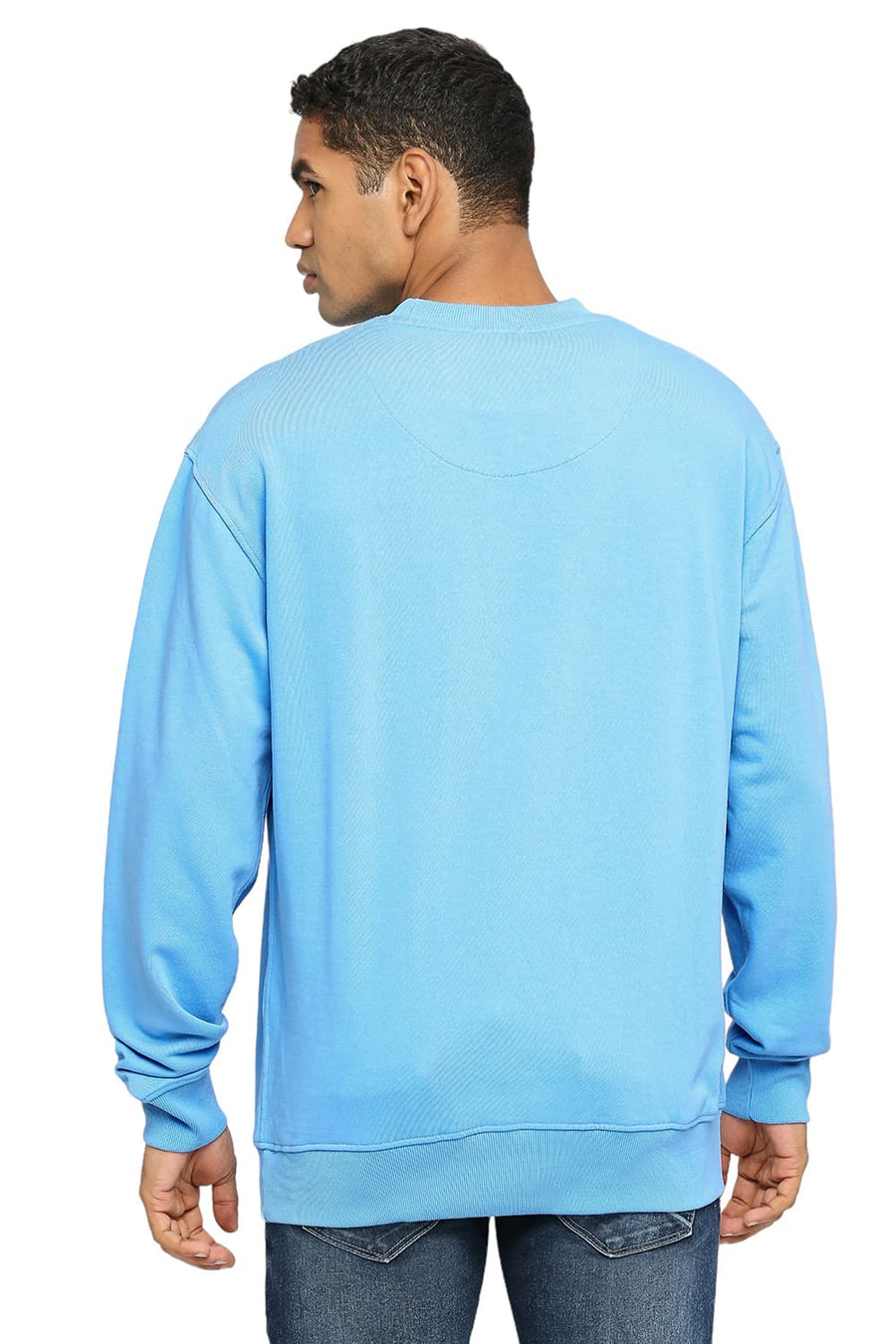 BASICS COMFORT FIT MID BLUE COTTON NON BRUSHED FLEECE PULLOVER SWEATSHIRT