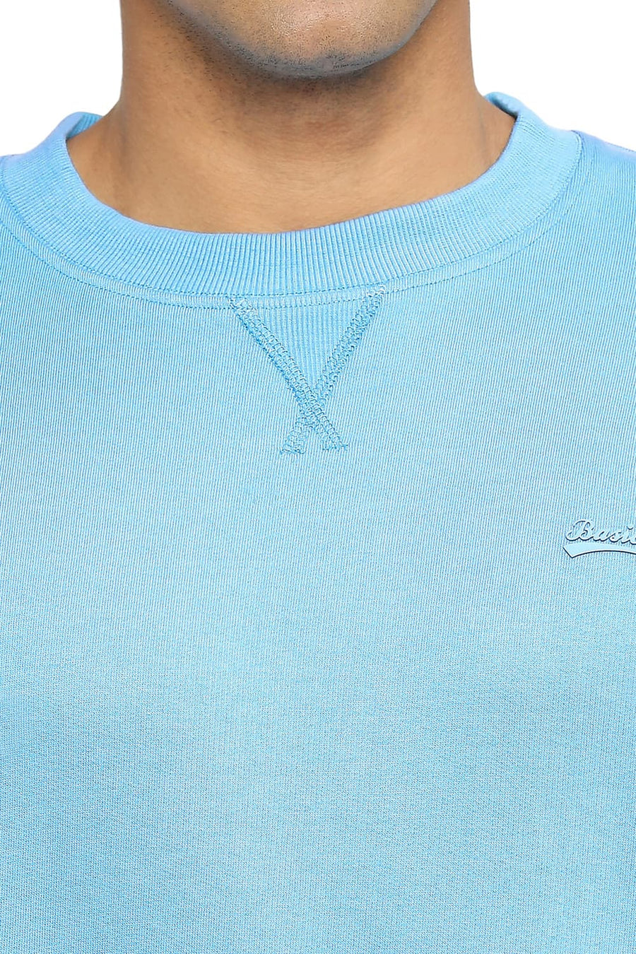 BASICS COMFORT FIT MID BLUE COTTON NON BRUSHED FLEECE PULLOVER SWEATSHIRT