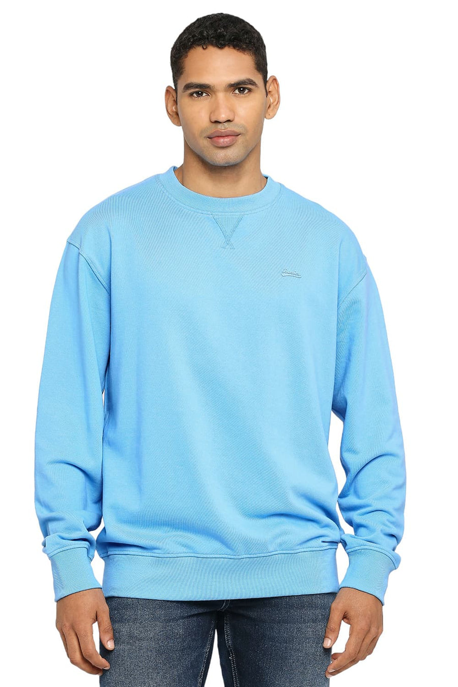 BASICS COMFORT FIT MID BLUE COTTON NON BRUSHED FLEECE PULLOVER SWEATSHIRT