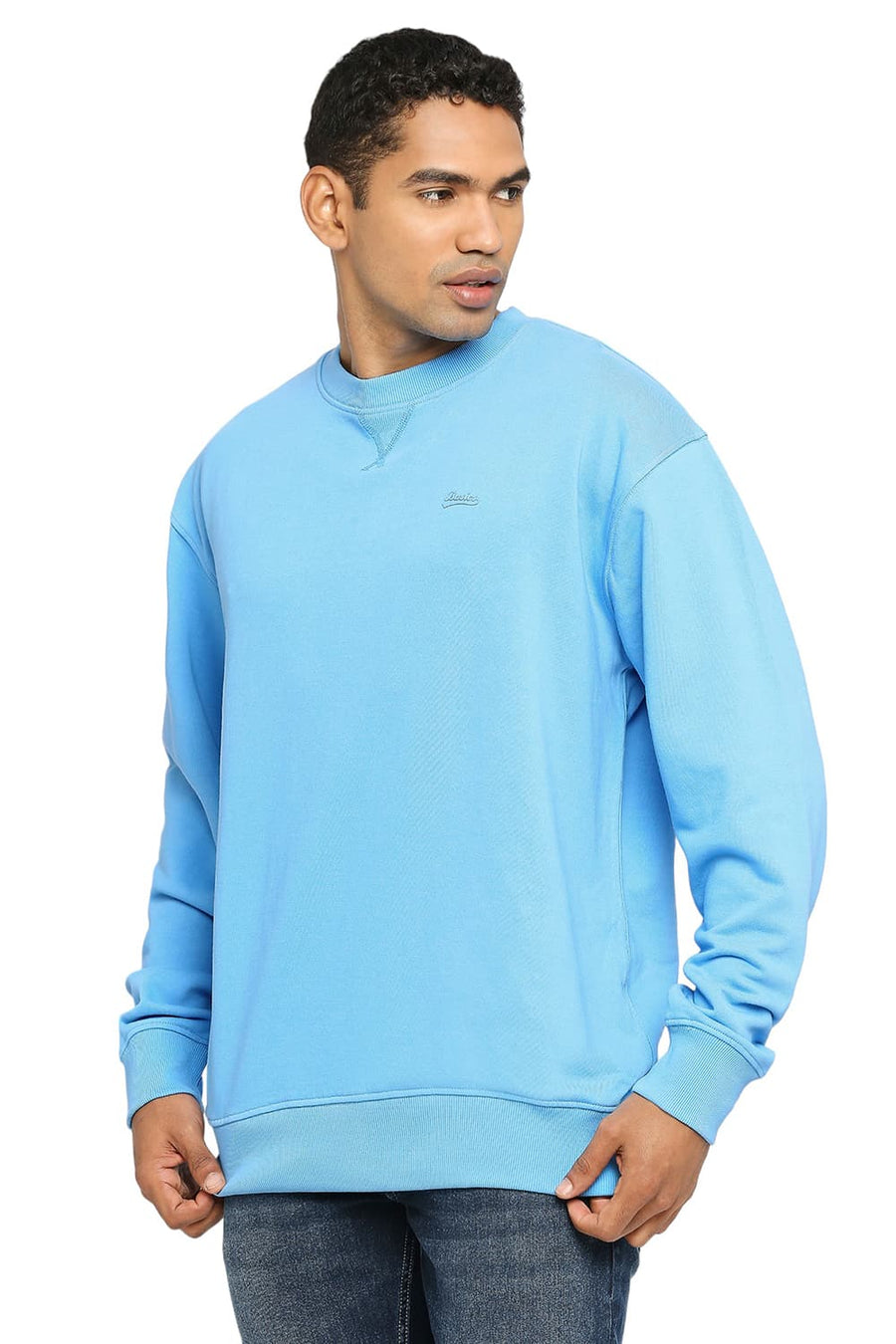 BASICS COMFORT FIT MID BLUE COTTON NON BRUSHED FLEECE PULLOVER SWEATSHIRT