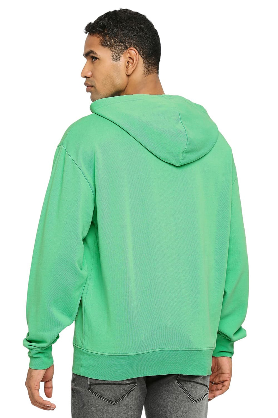 BASICS COMFORT FIT LIGHT GREEN COTTON NON BRUSHED FLEECE HOOD PULLOVER SWEATSHIRT