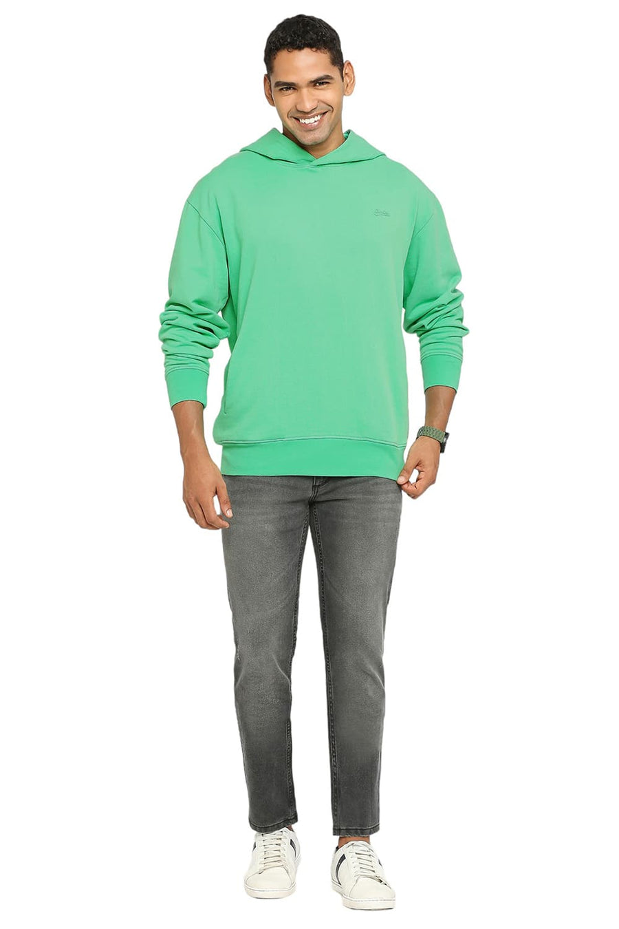 BASICS COMFORT FIT LIGHT GREEN COTTON NON BRUSHED FLEECE HOOD PULLOVER SWEATSHIRT