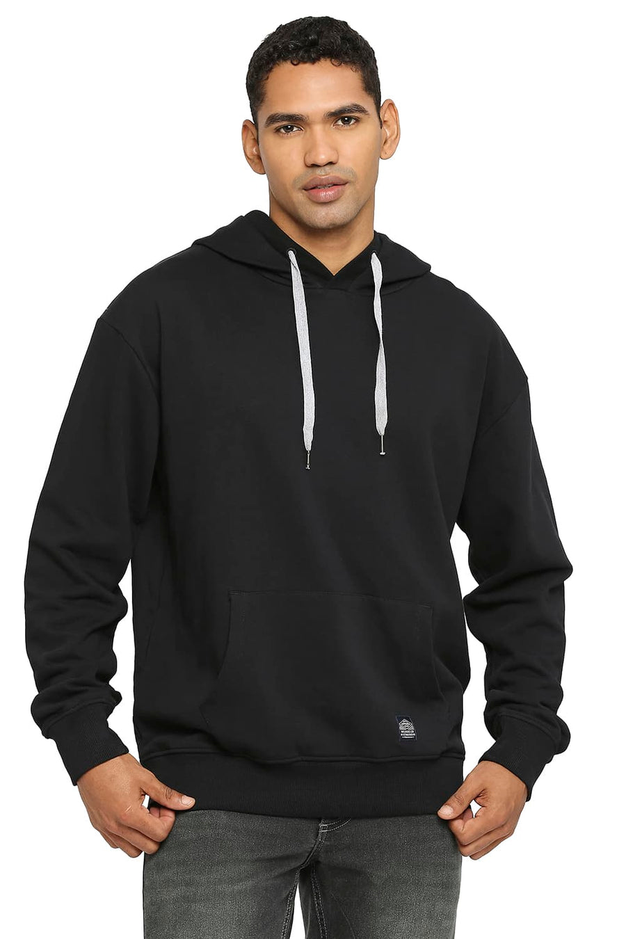 BASICS COMFORT FIT BLACK COTTON NON BRUSHED FLEECE HOOD PULLOVER SWEATSHIRT