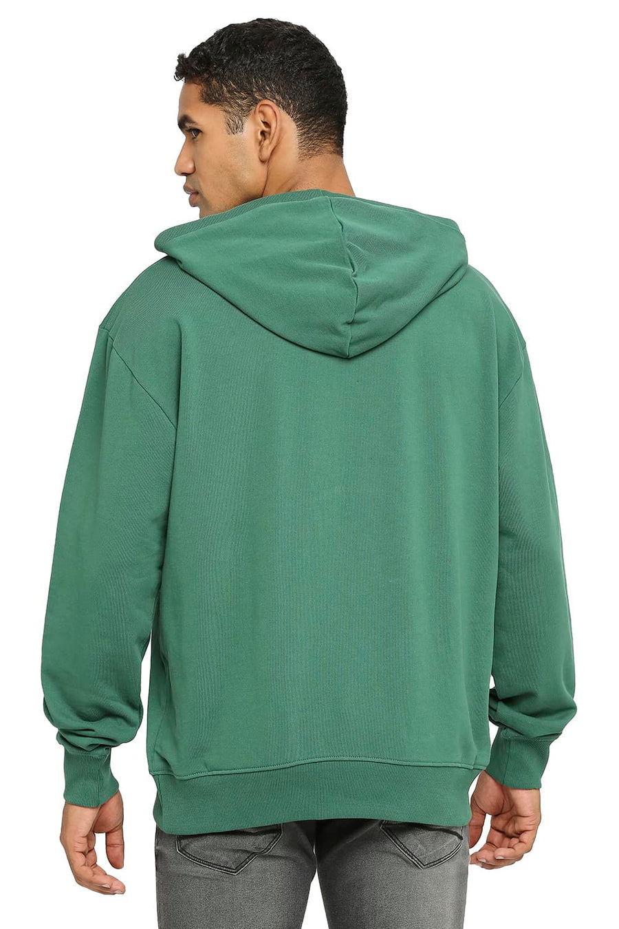 BASICS COMFORT FIT DARK GREEN COTTON NON BRUSHED FLEECE HOOD PULLOVER SWEATSHIRT