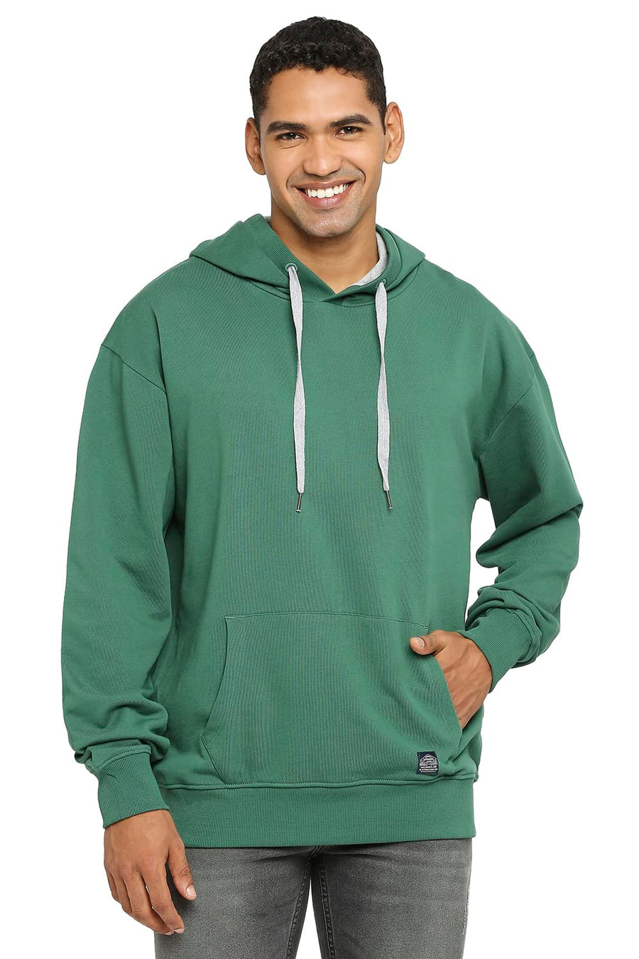 BASICS COMFORT FIT DARK GREEN COTTON NON BRUSHED FLEECE HOOD PULLOVER SWEATSHIRT
