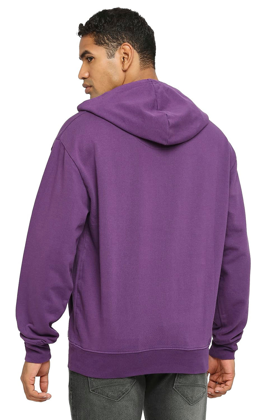 BASICS COMFORT FIT PURPLE COTTON NON BRUSHED FLEECE HOOD PULLOVER SWEATSHIRT