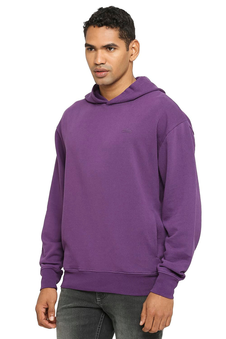 BASICS COMFORT FIT PURPLE COTTON NON BRUSHED FLEECE HOOD PULLOVER SWEATSHIRT