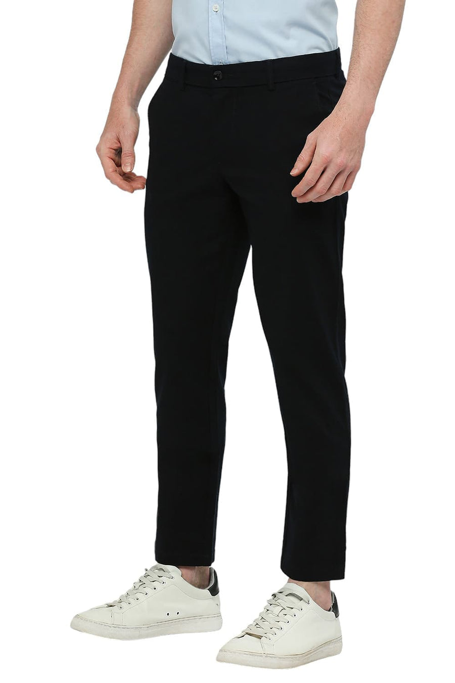 BASICS TAPERED FIT SALUTE NAVY COTTON STRETCH DOBBY TROUSERS
