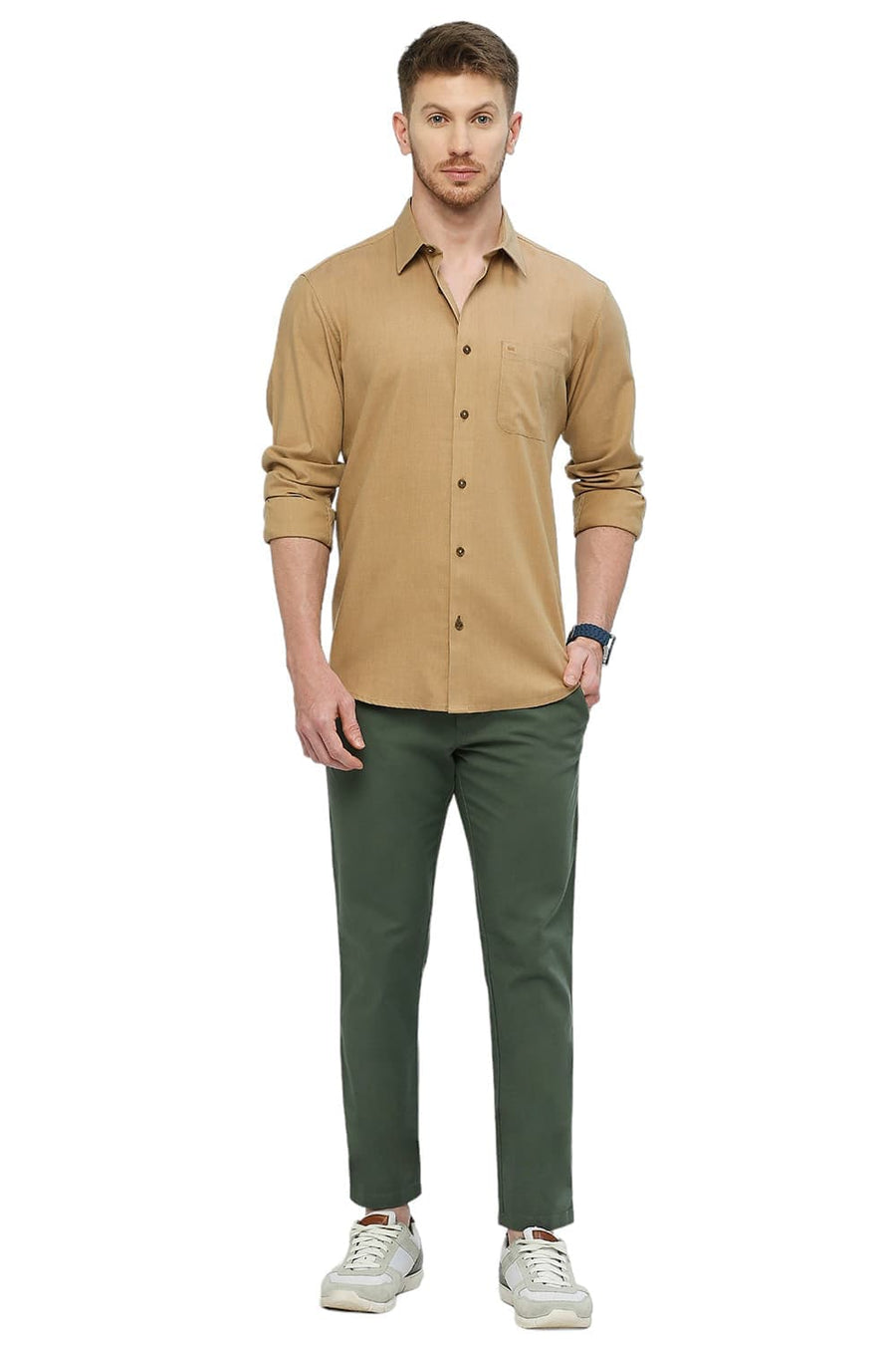 BASICS TAPERED FIT SILVER PINE GREEN COTTON STRETCH DOBBY TROUSERS