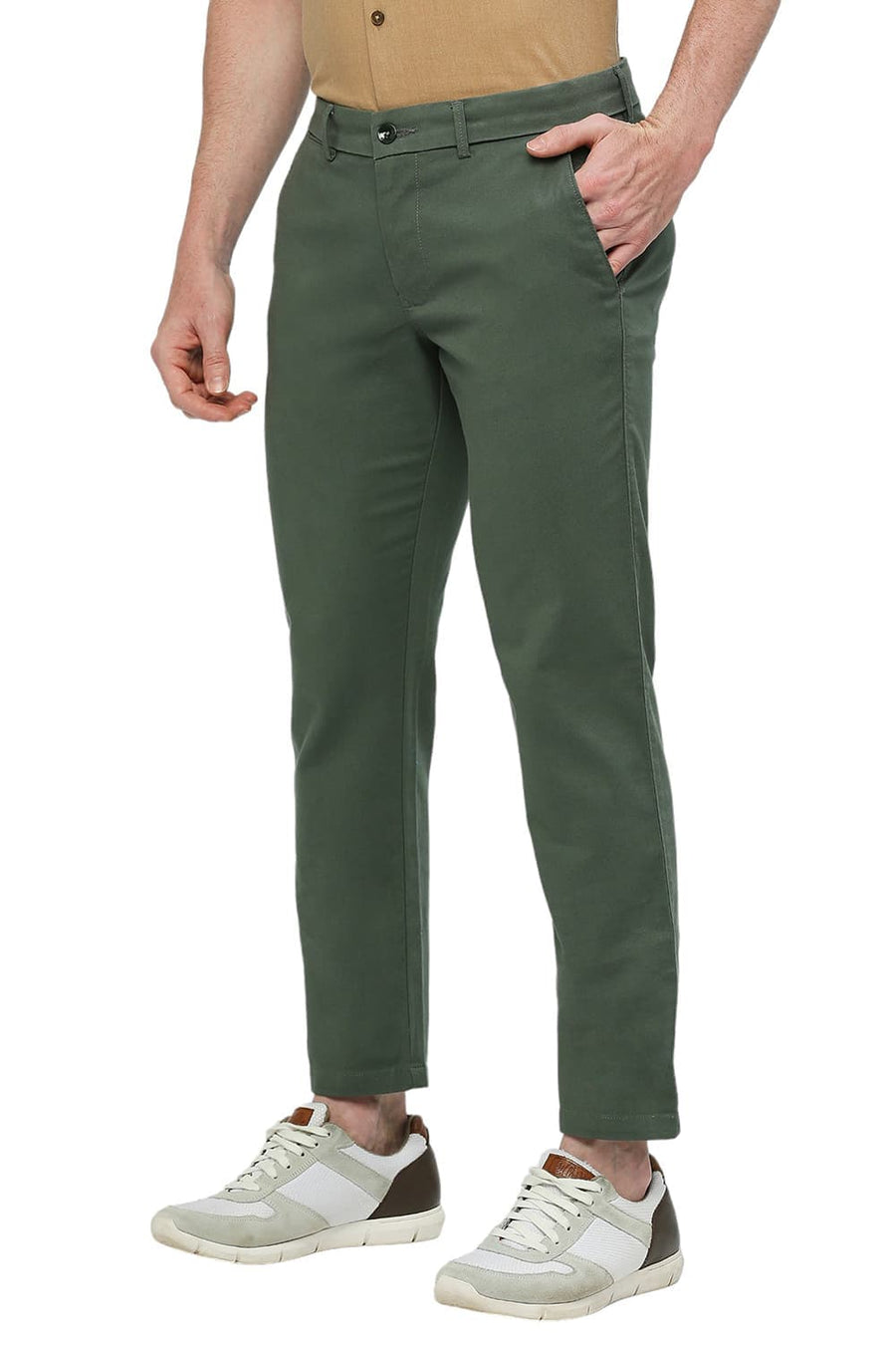 BASICS TAPERED FIT SILVER PINE GREEN COTTON STRETCH DOBBY TROUSERS
