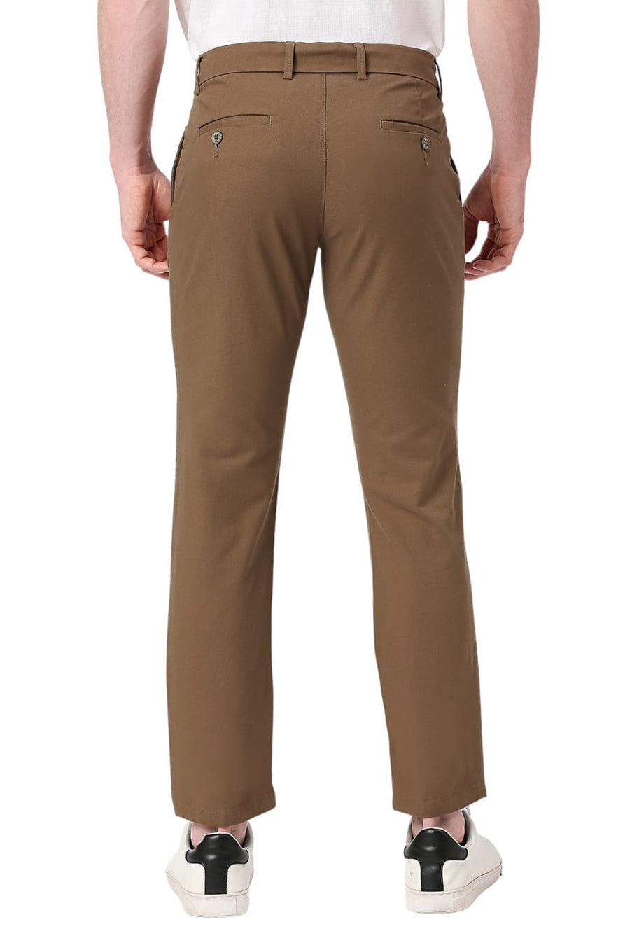 BASICS TAPERED FIT DESERT BROWN COTTON STRETCH DOBBY TROUSERS