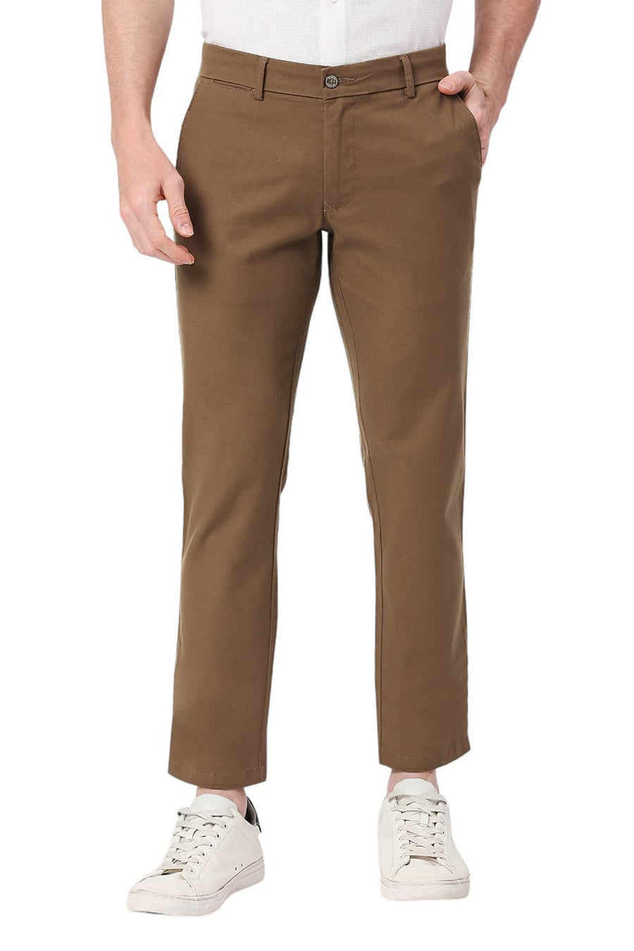 BASICS TAPERED FIT DESERT BROWN COTTON STRETCH DOBBY TROUSERS