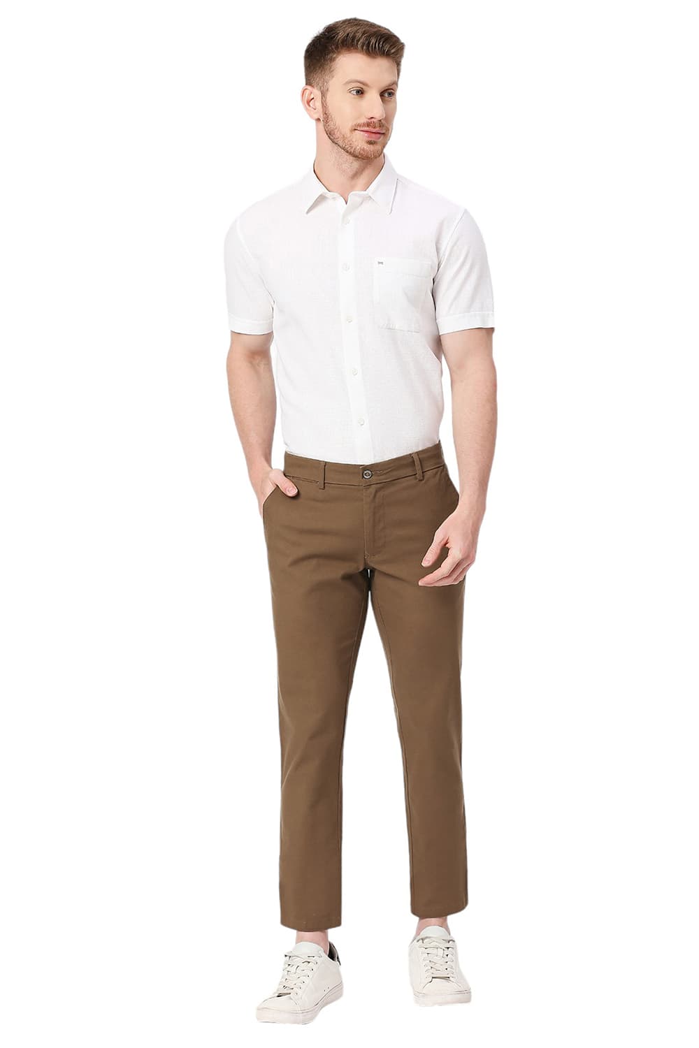 BASICS TAPERED FIT COTTON STRETCH DOBBY TROUSERS