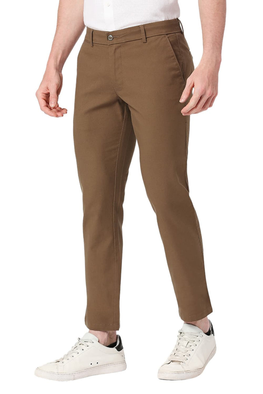 BASICS TAPERED FIT DESERT BROWN COTTON STRETCH DOBBY TROUSERS