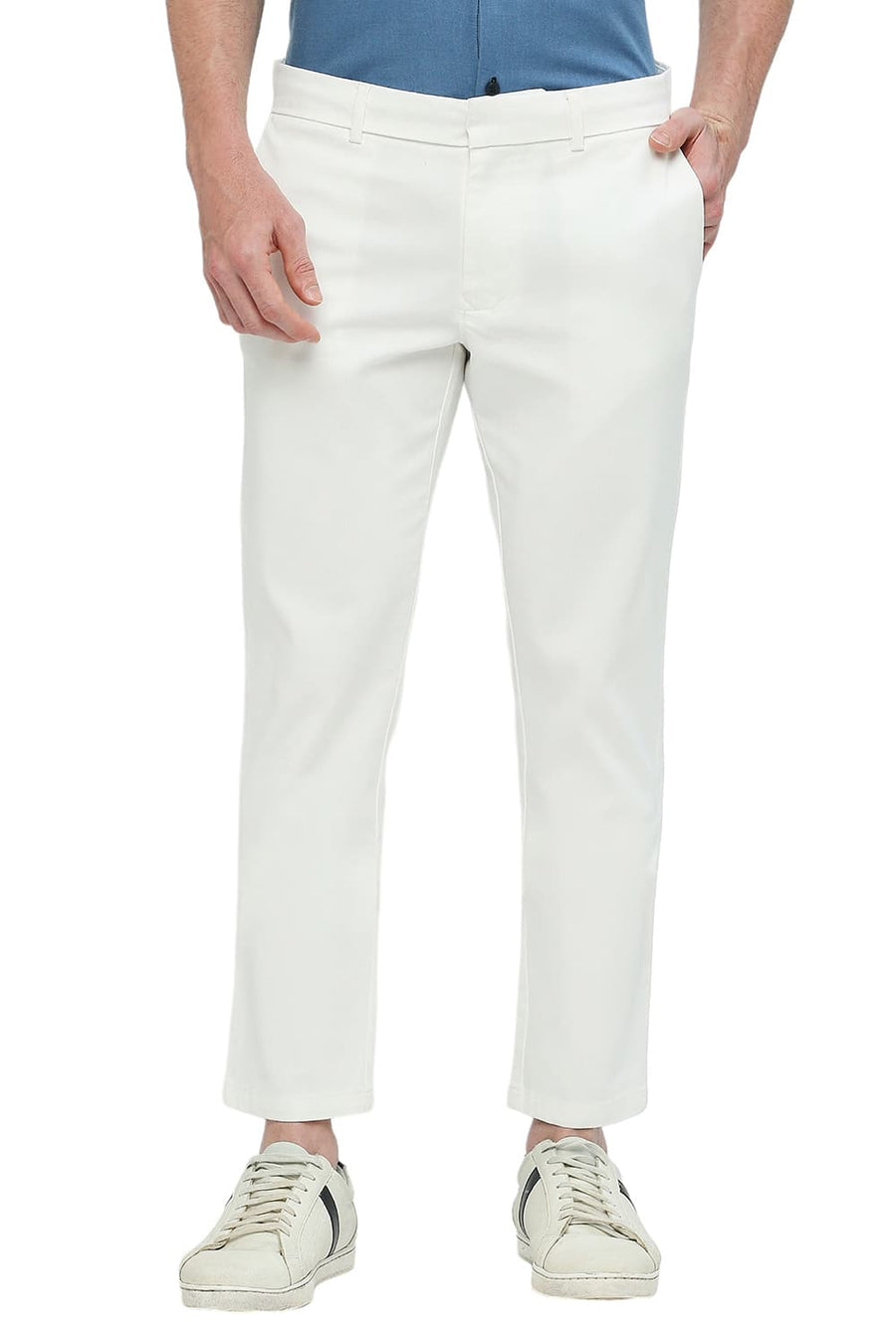 BASICS TAPERED FIT BRILLIANT WHITE COTTON STRETCH DOBBY TROUSERS