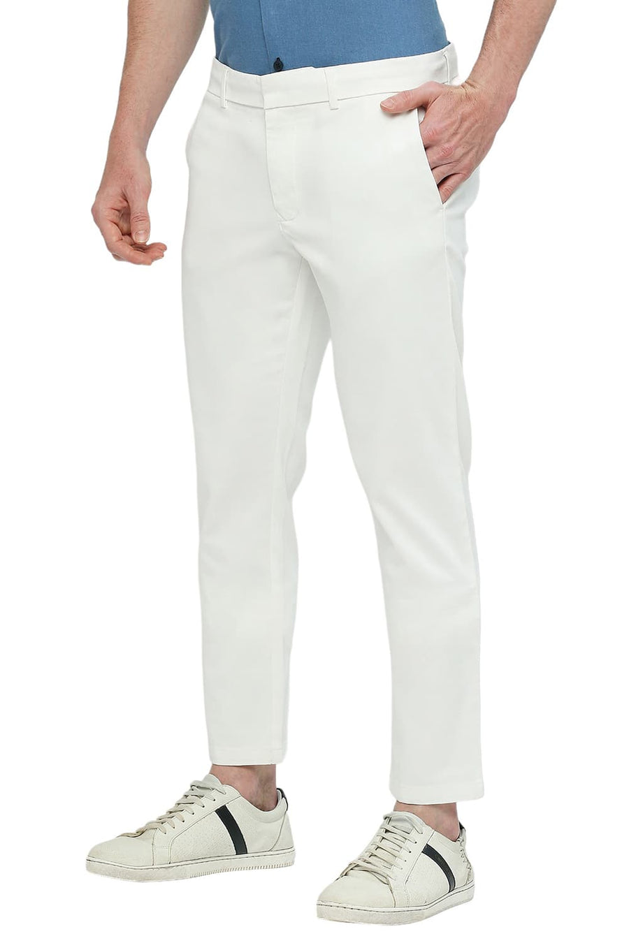 BASICS TAPERED FIT BRILLIANT WHITE COTTON STRETCH DOBBY TROUSERS