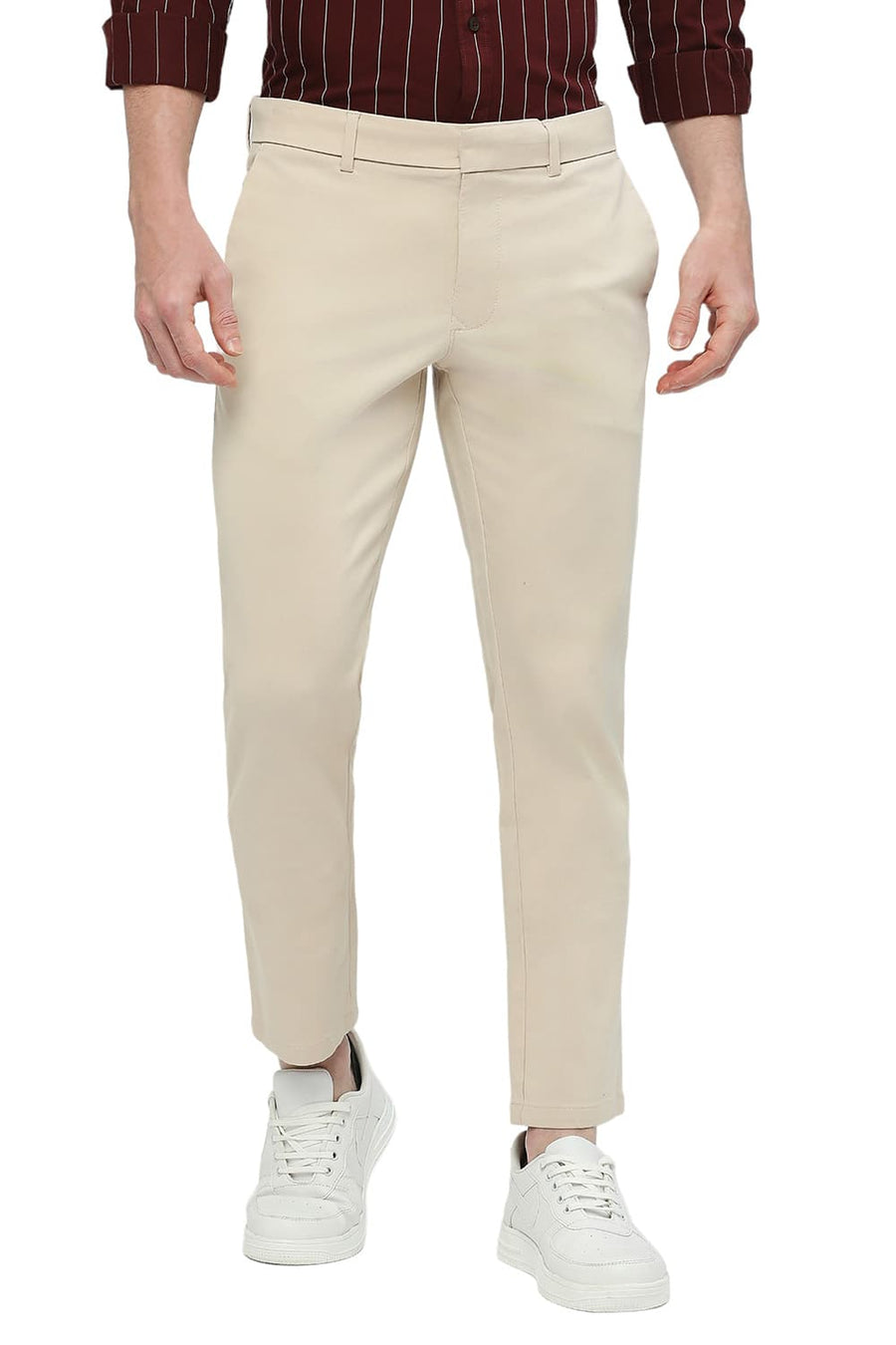 BASICS TAPERED FIT FRAPPE STONE COTTON STRETCH DOBBY TROUSERS