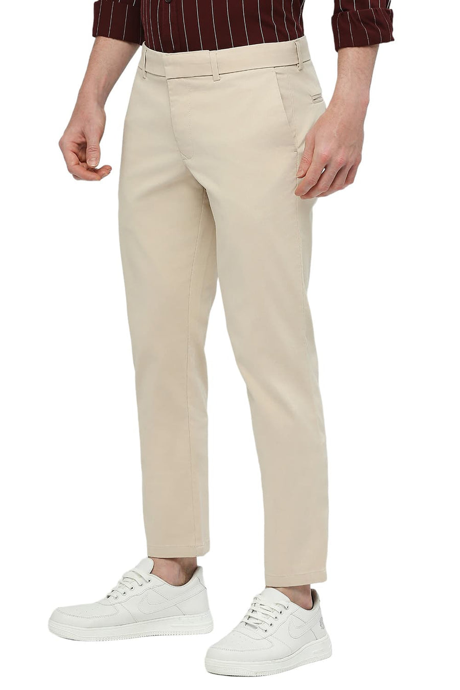 BASICS TAPERED FIT FRAPPE STONE COTTON STRETCH DOBBY TROUSERS
