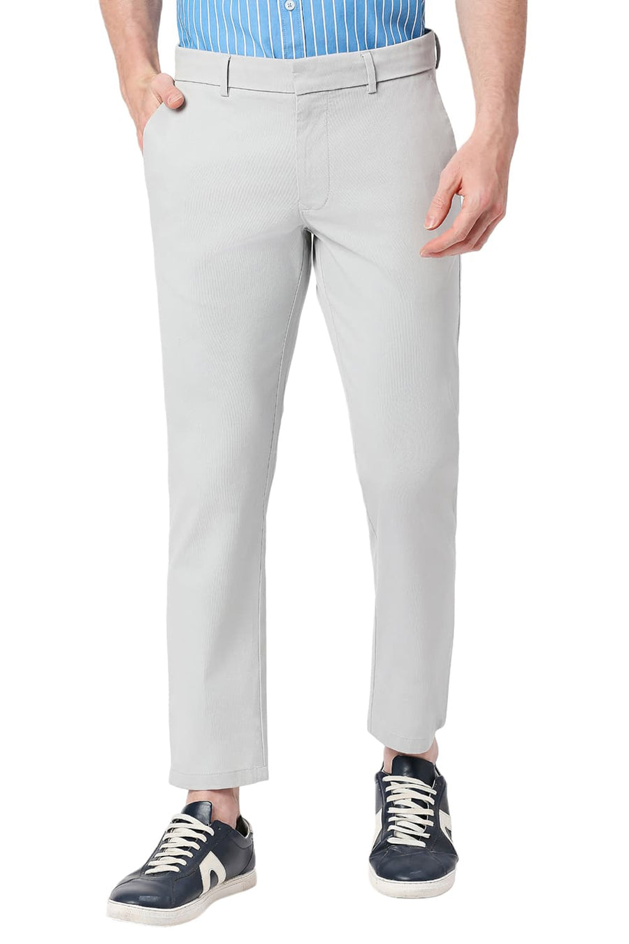 BASICS TAPERED FIT HIGH RISE GREY COTTON STRETCH DOBBY TROUSERS