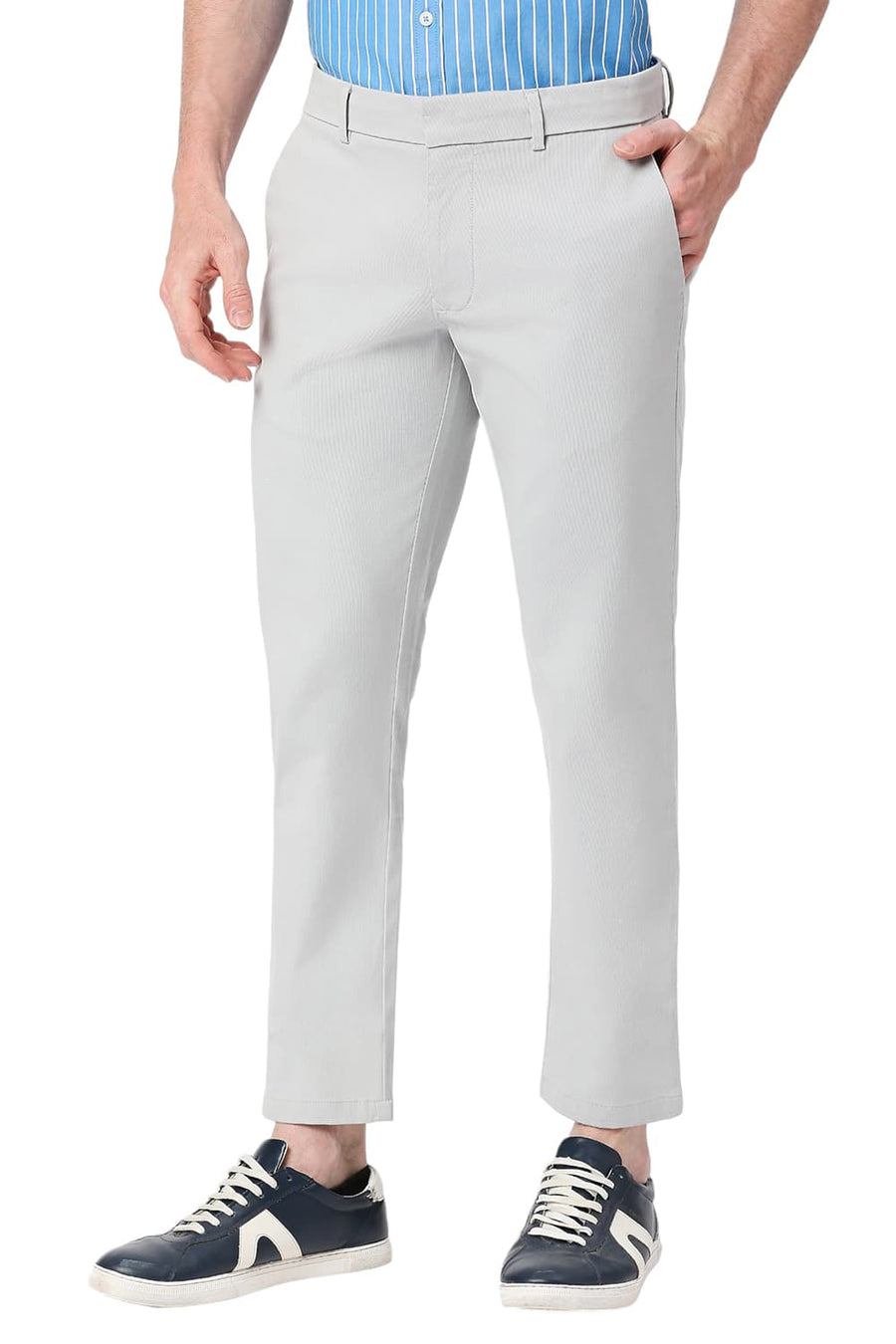 BASICS TAPERED FIT HIGH RISE GREY COTTON STRETCH DOBBY TROUSERS