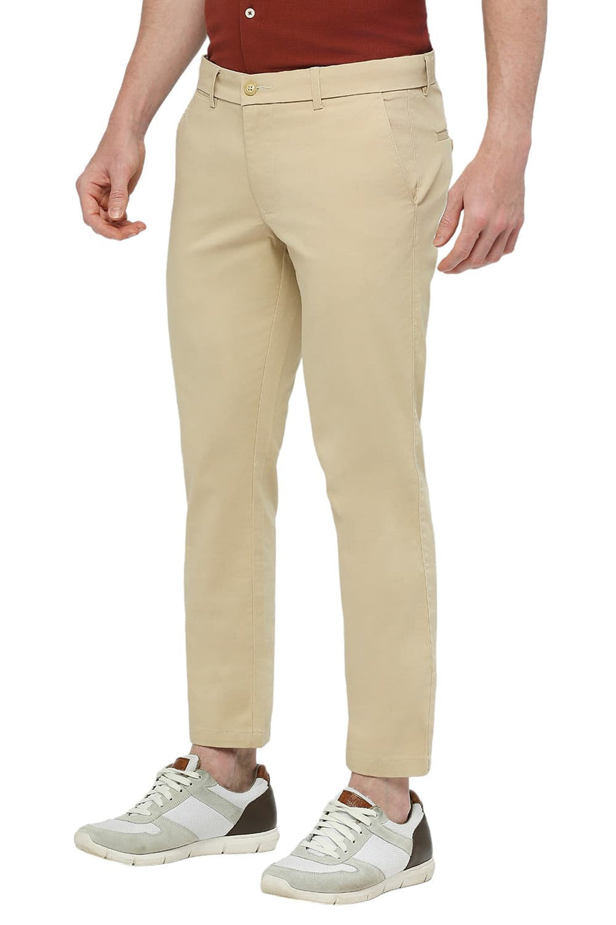 BASICS TAPERED FIT IRISH KHAKI COTTON STRETCH DOBBY TROUSERS