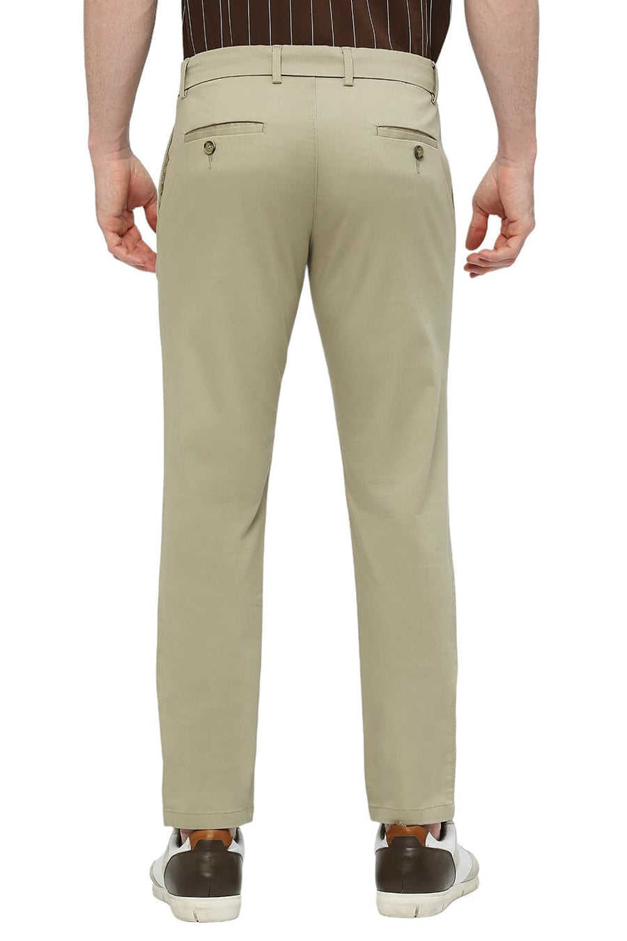 BASICS TAPERED FIT TUFFET GREEN COTTON STRETCH DOBBY TROUSERS