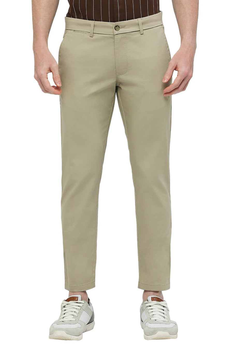 BASICS TAPERED FIT TUFFET GREEN COTTON STRETCH DOBBY TROUSERS