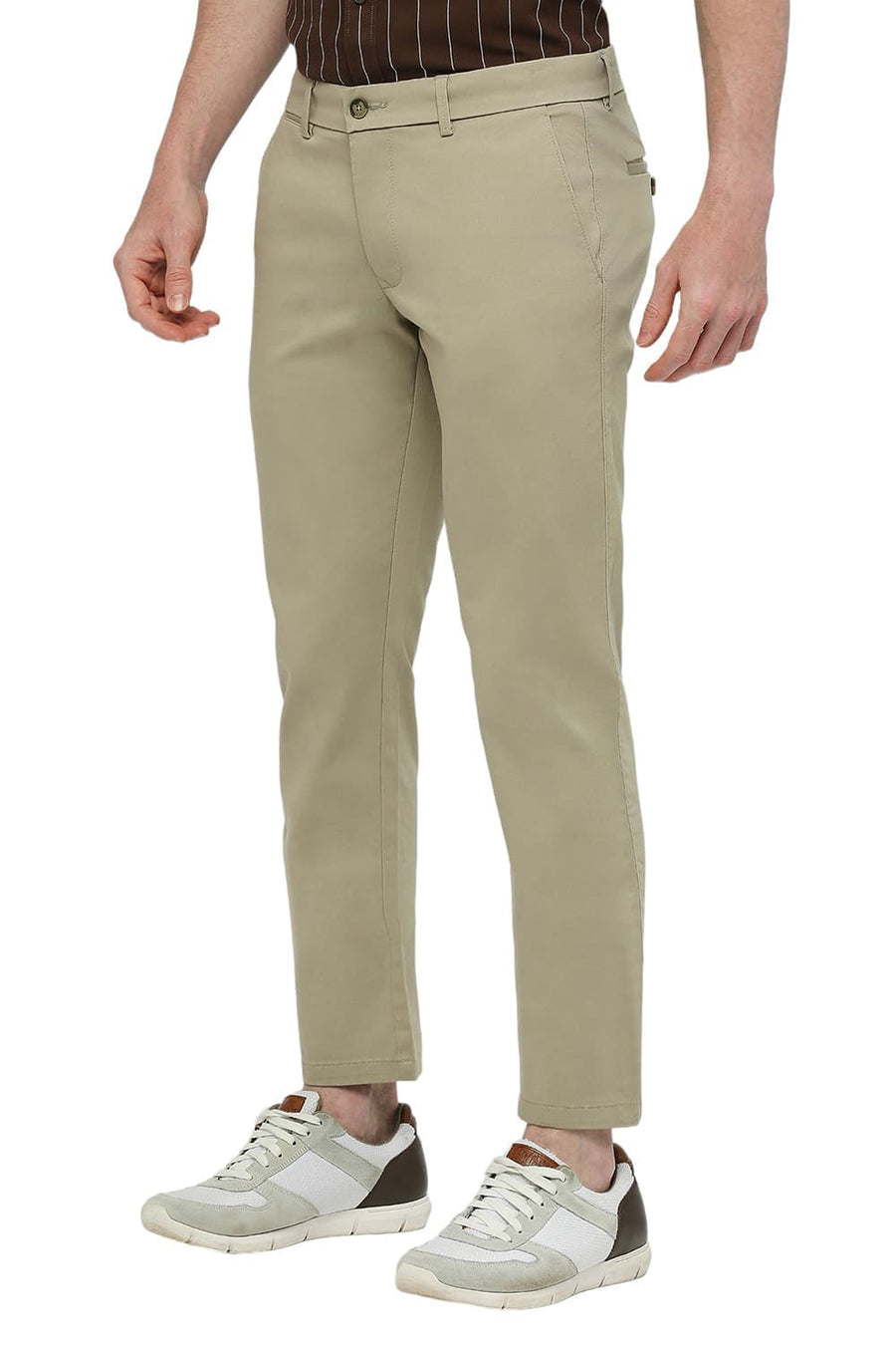 BASICS TAPERED FIT TUFFET GREEN COTTON STRETCH DOBBY TROUSERS