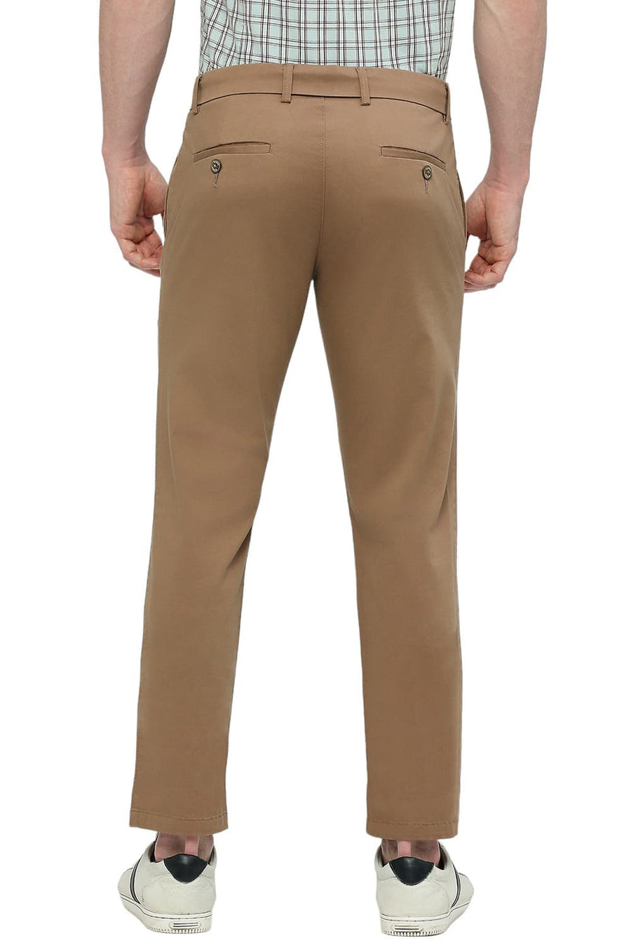 BASICS TAPERED FIT TAUPE BROWN COTTON STRETCH DOBBY TROUSERS