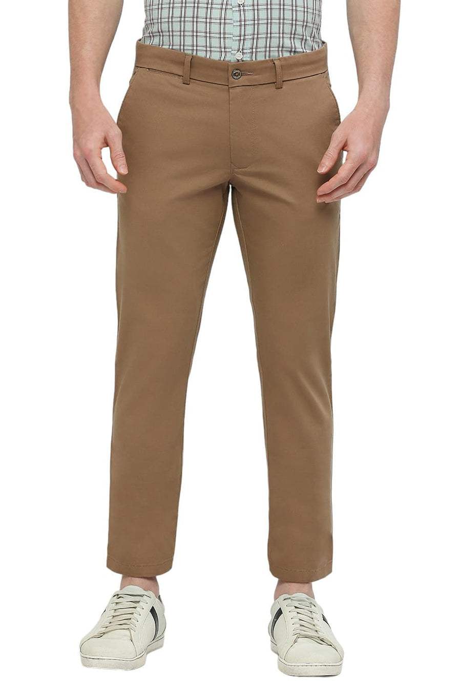 BASICS TAPERED FIT TAUPE BROWN COTTON STRETCH DOBBY TROUSERS