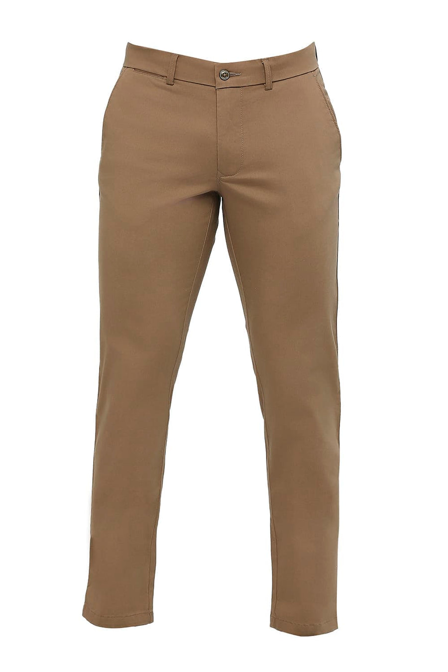 BASICS TAPERED FIT TAUPE BROWN COTTON STRETCH DOBBY TROUSERS