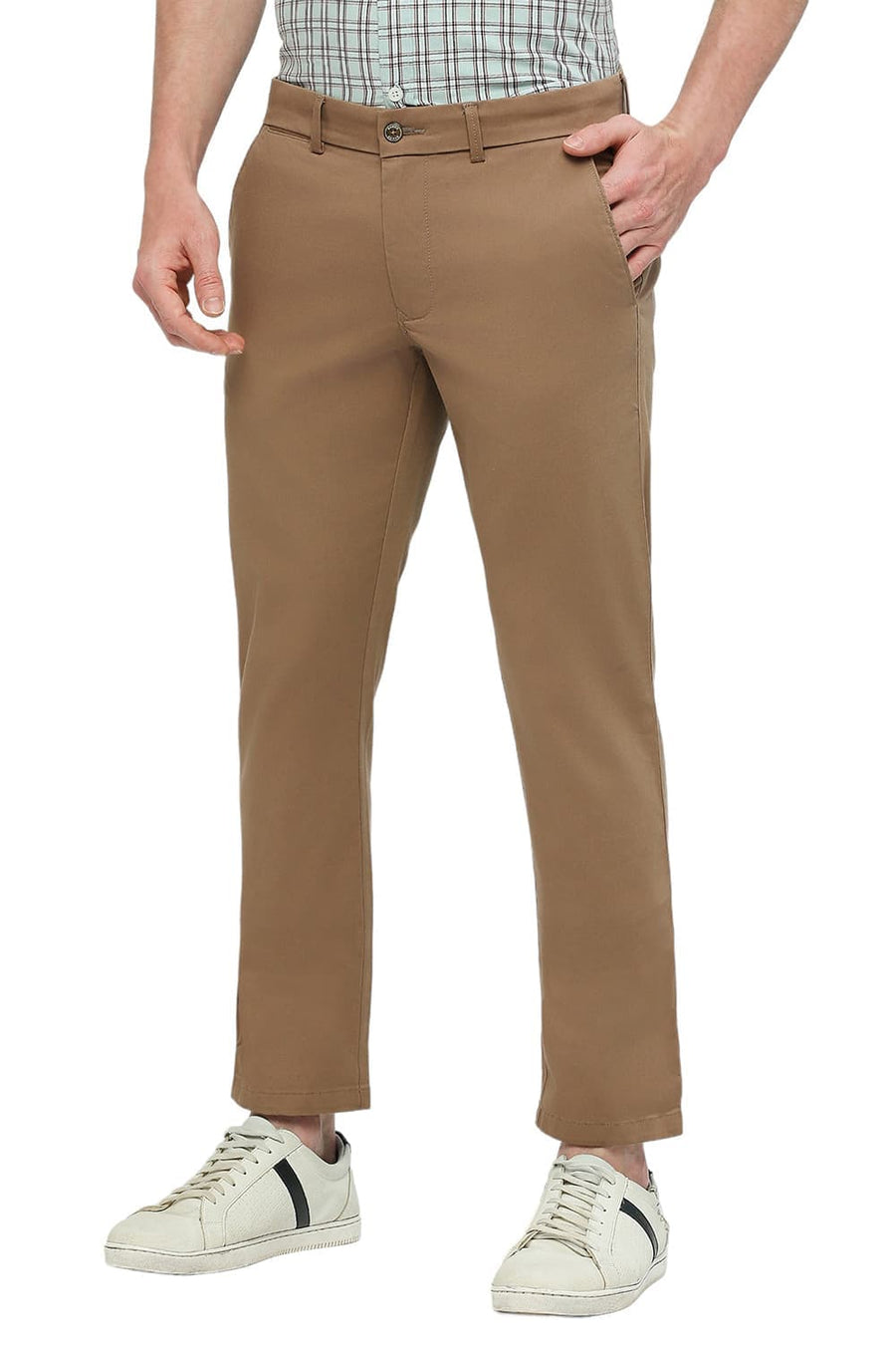 BASICS TAPERED FIT TAUPE BROWN COTTON STRETCH DOBBY TROUSERS