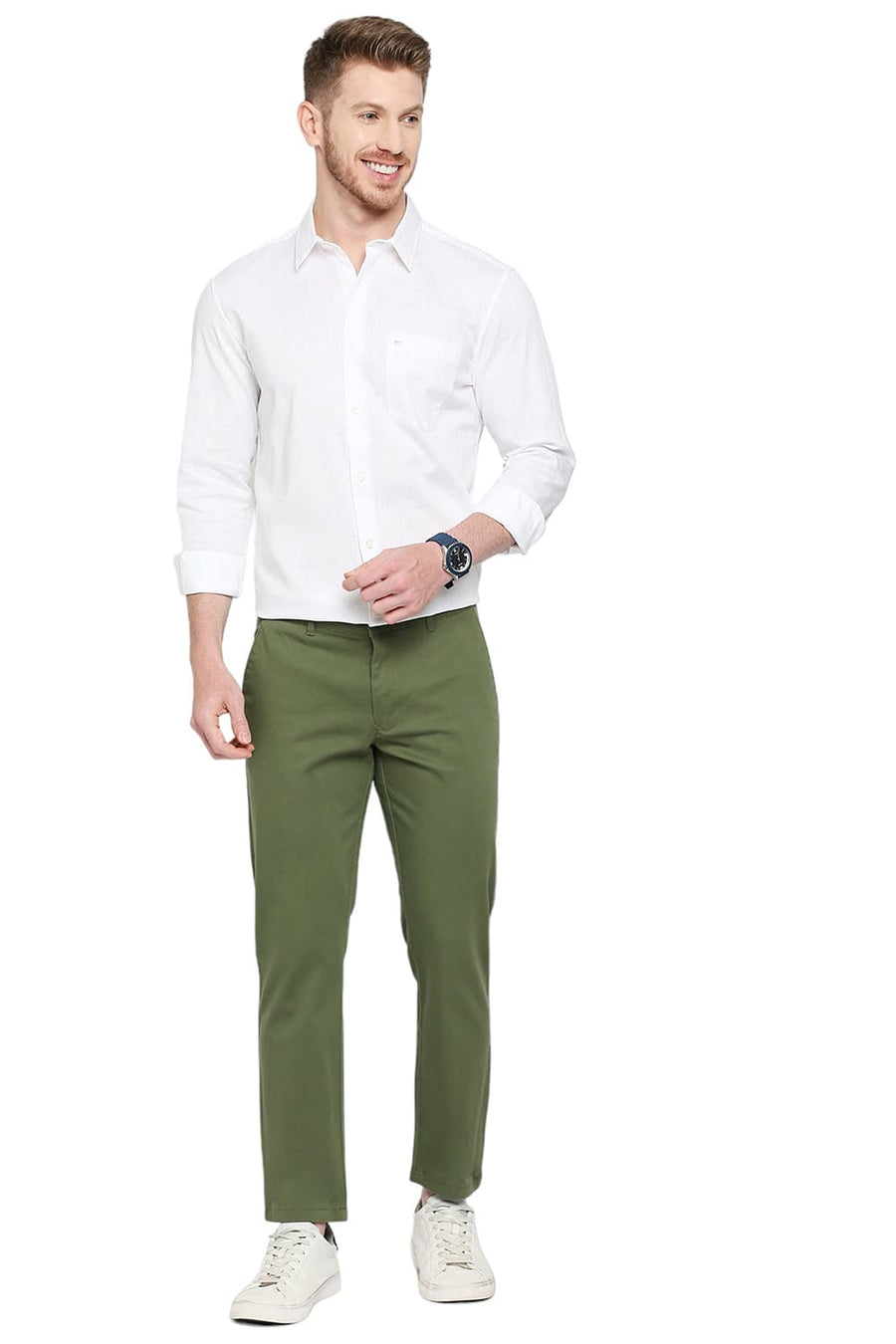 BASICS TAPERED FIT GARDEN GREEN COTTON STRETCH DOBBY TROUSERS