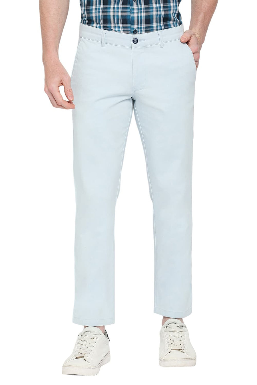 BASICS TAPERED FIT BLUE FOG COTTON STRETCH DOBBY TROUSERS